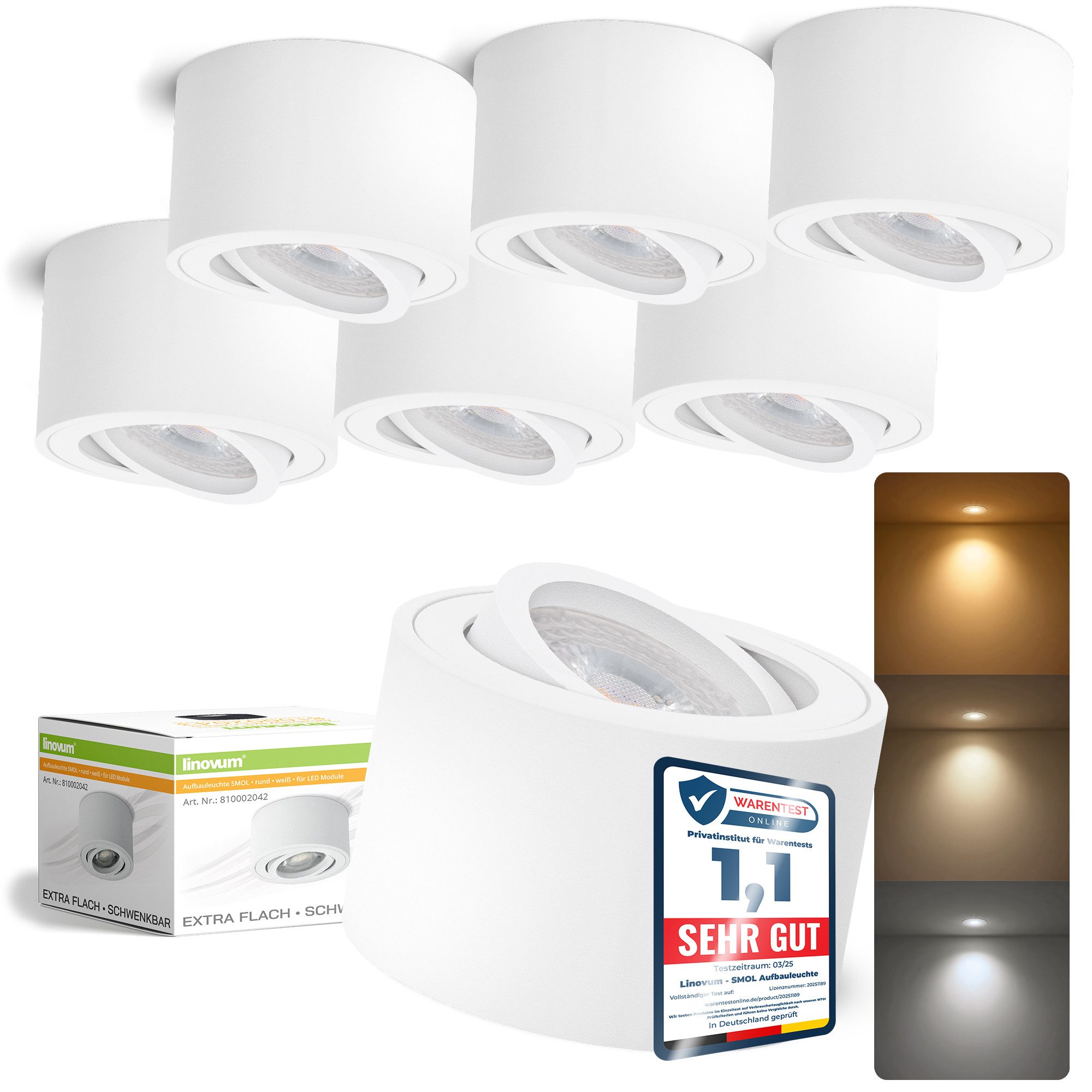 linovum LED Einbaustrahler SMOL Aufbauspot flach schwenkbar weiß mit LED Birne lumiFLEX 3CCT, Neutralweiß, Warmweiß, Tageslichtweiß