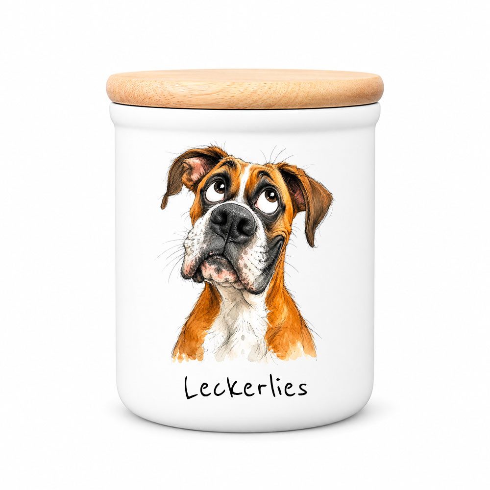 Cadouri Vorratsdose BOXER - Leckerlidose Hund - für Hundekekse, Keramik, (Leckerlidose mit Hunderasse, 2-tlg., 1x Keramikdose mit Holzdeckel), Hundekeksdose, handgefertigt in Deutschland, für Hundebesitzer, 400 ml