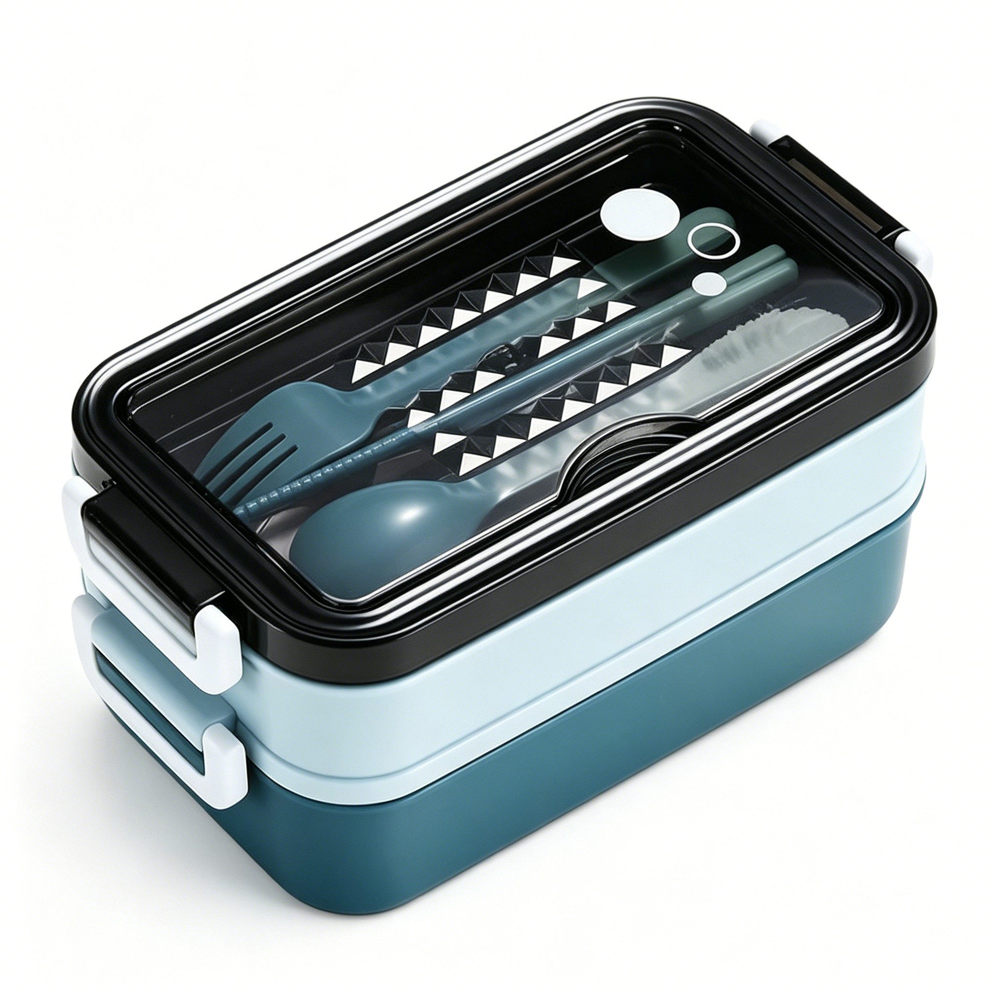Diwzbyn Lunchbox Lunchbox 1400ml, 2-stufig, Mit Fächern & Besteck, Mit Gabel, Löffel & Essstäbchen, mikrowellengeeignet