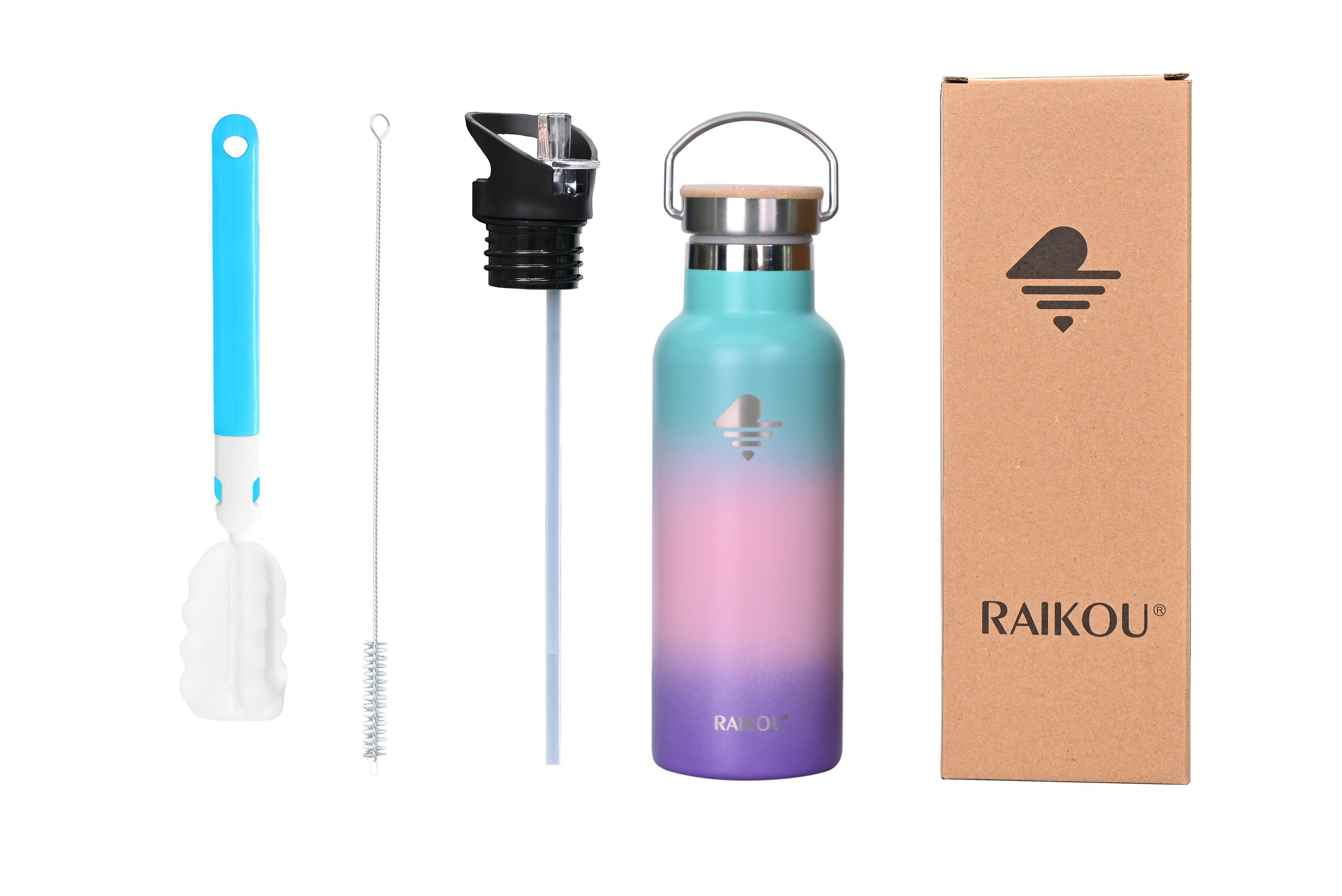 Thermoflasche, / heiß kalt,mit Isolierflasche zu Wasserflasche Vakuumisolierte bis Deckel,350ml/500ml/750ml/1000ml Edelstahl 24H RAIKOU 2 12H Trinkflasche Grün/Pink/Lavendel