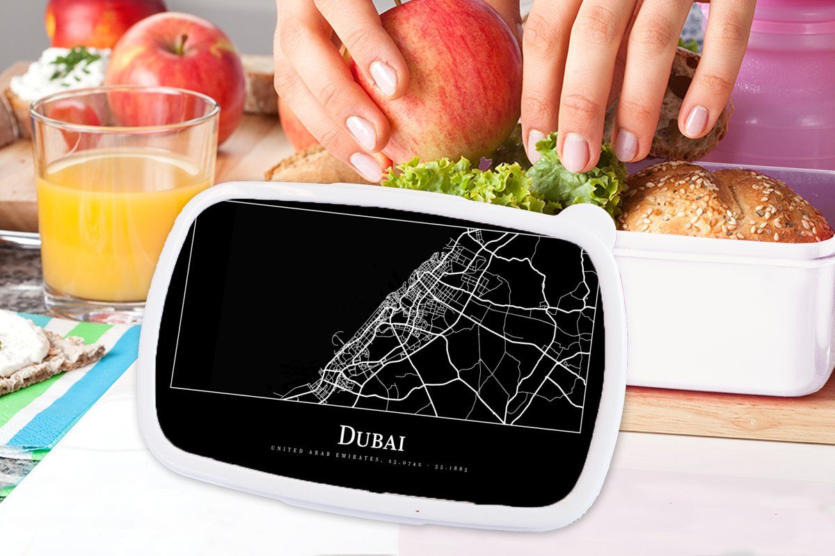 MuchoWow Lunchbox Dubai und Brotbox Mädchen Erwachsene, für Karte, für und Kunststoff, (2-tlg), Brotdose, - Jungs Stadtplan weiß Kinder