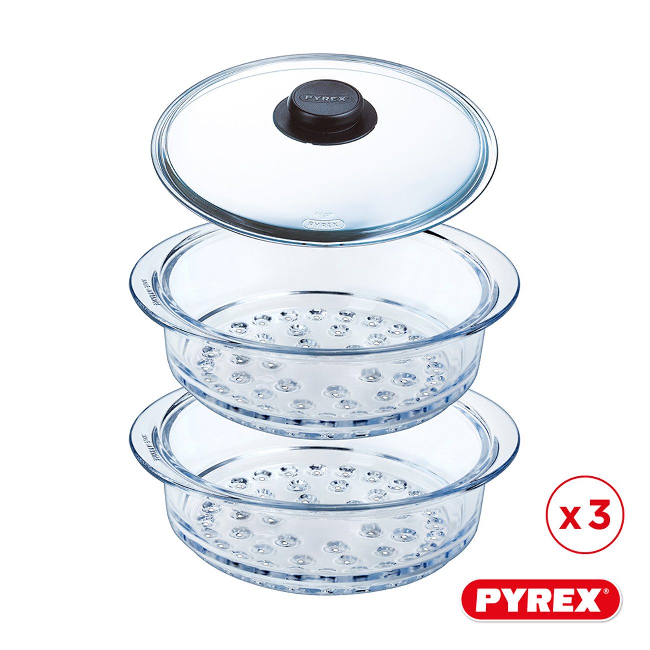 PYREX Dampfgarbehälter Dünsteinsatz Dampfgar-Set, Ø 20 cm, 2 Einsätze + Deckel, (Set 3-tlg), Borosilikatglas, mit Glasdeckel, hitzebeständig, stapelbar