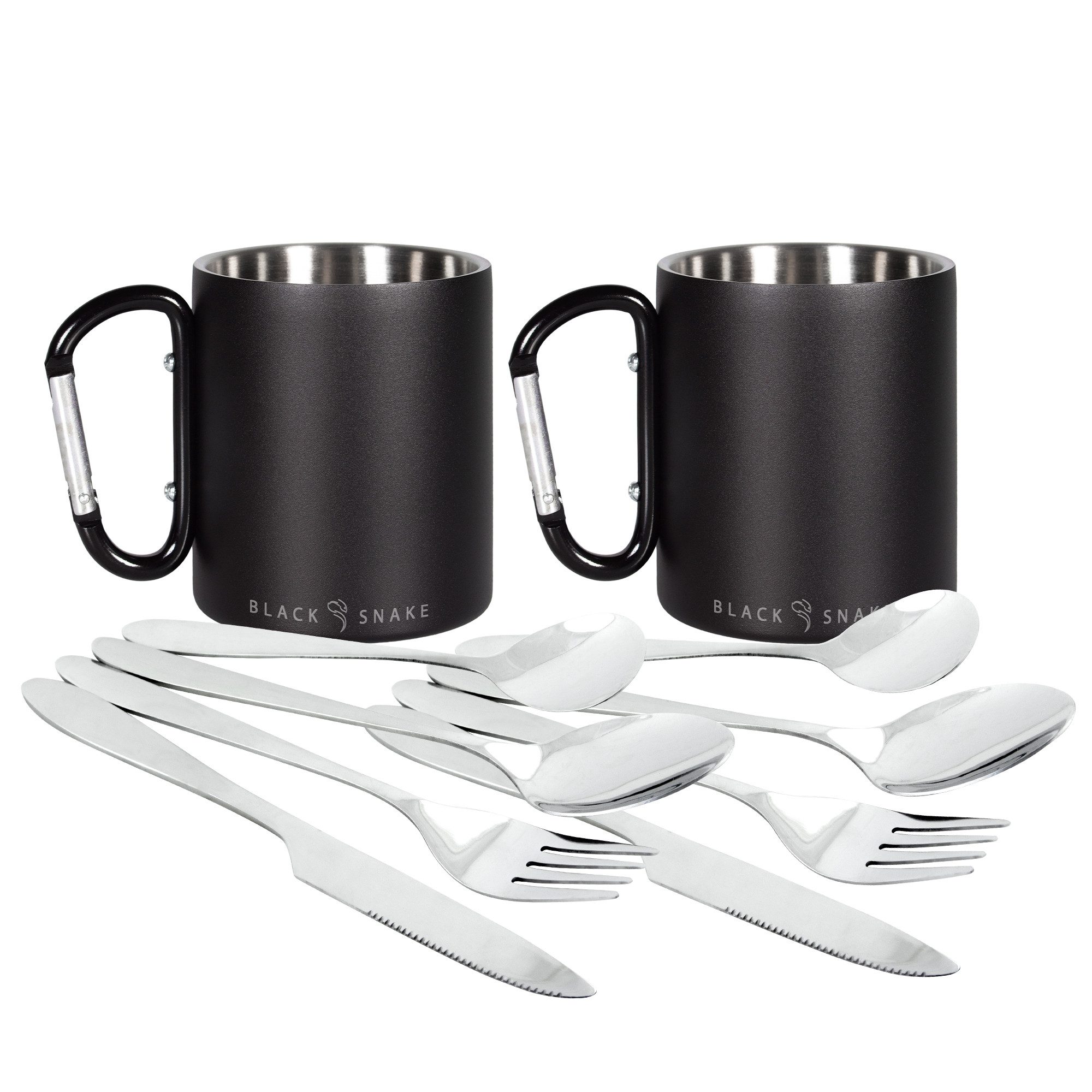 Black Snake Besteck-Set Thermotasse mit Karabinerhaken und Lunch-Besteck im Neopren-Etui (4-tlg), 2 Personen, Edelstahl, Außen schwarz beschichtet und innen gebürstet mit Black Snake Gravur