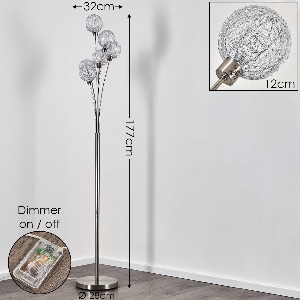 hofstein Stehlampe »Lerici« stufenlos dimmbar, Nickel-matt/Silberfarben, ohne Leuchtmittel, Stehleuchte, mit 6 Drahtkugeln, 6xG9,mit Fußschalter am Kabel – Bild 2 von 5