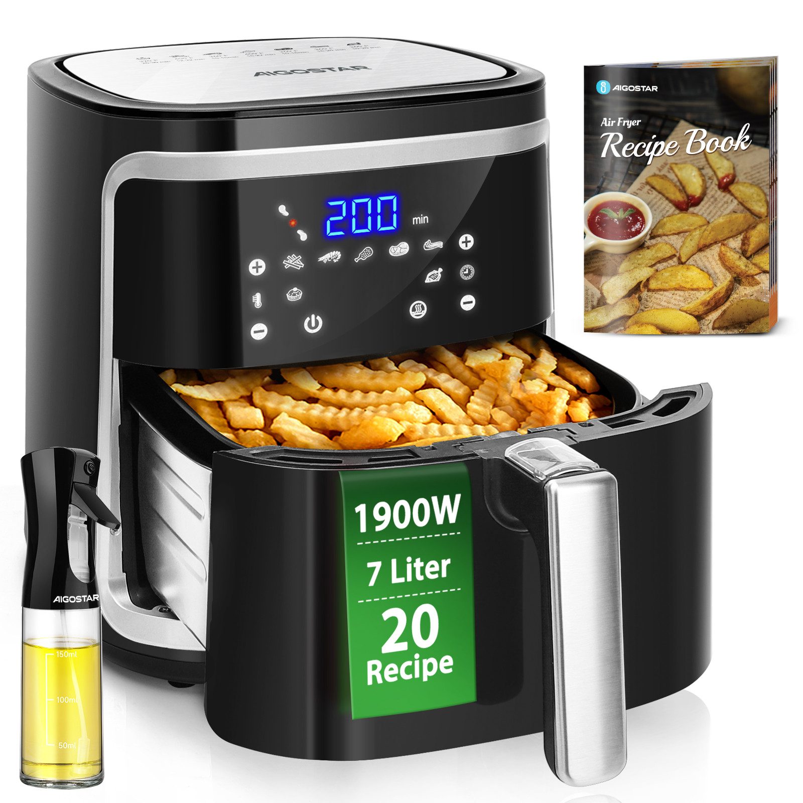 Heißluftfritteuse Cube - 7L 1900W Airfryer mit LED-Touchscreen, 7-in-1, Ohne Öl, 90% weniger Fett