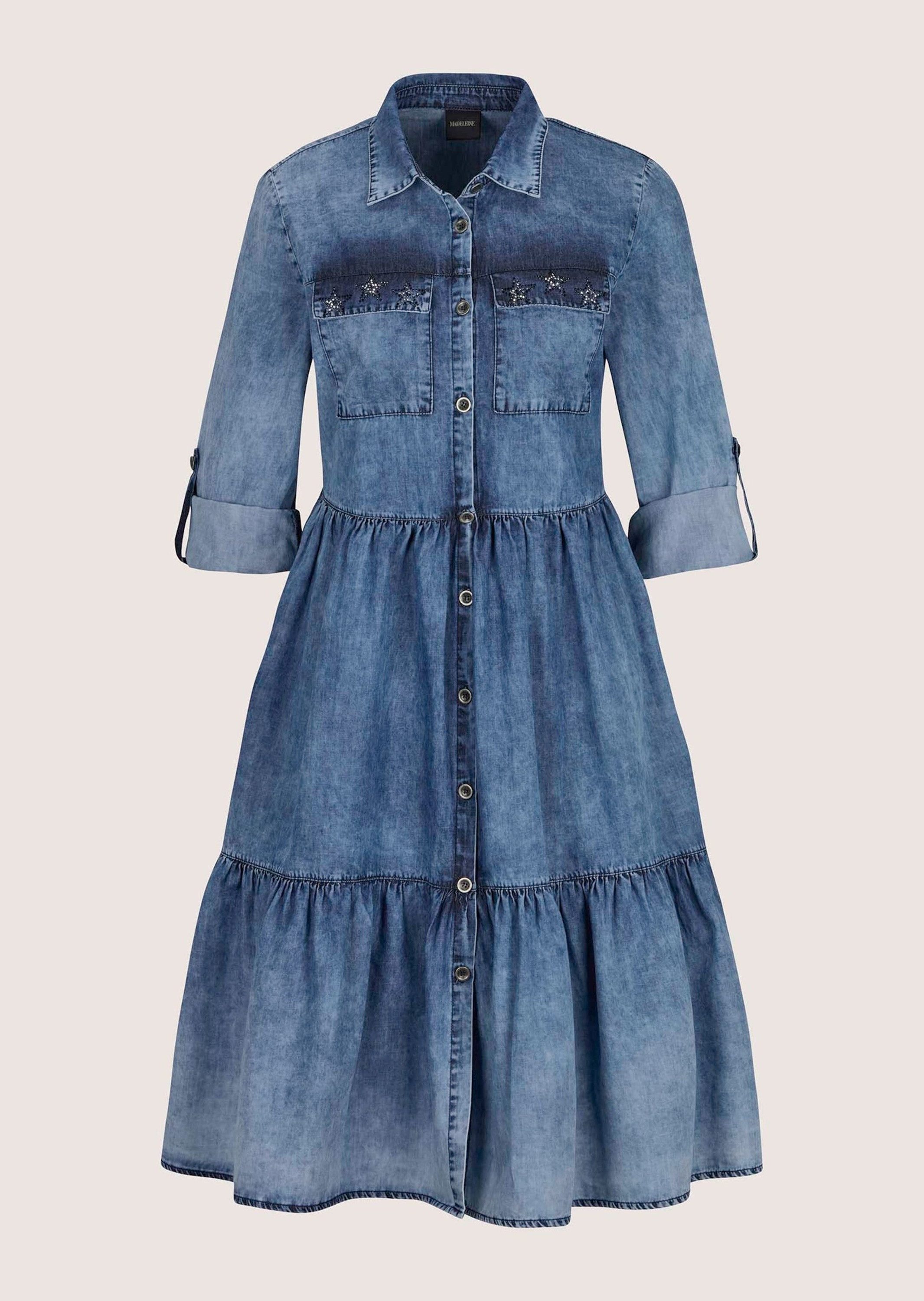 MADELEINE Midikleid Jeanskleid mit Stufenrock Hemdblusenkragen, Brusttaschen mit Ziersteinen & Krempelärmel – Bild 5 von 5