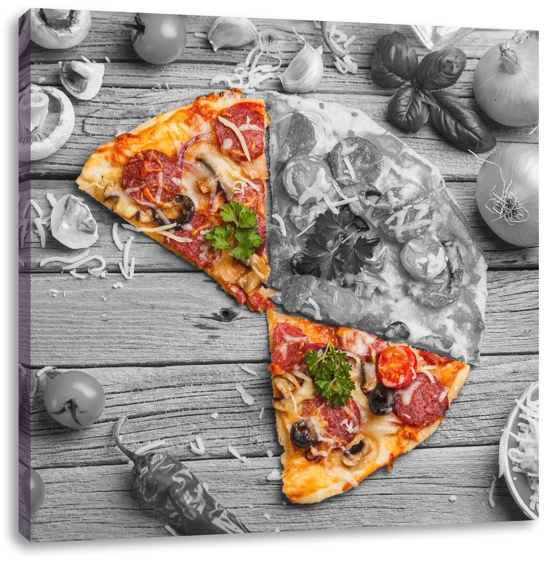 auf Leinwandbild auf Holztisch Pizza (1 bespannt, Pixxprint Leinwandbild Zackenaufhänger inkl. Pizza Holztisch, fertig St),
