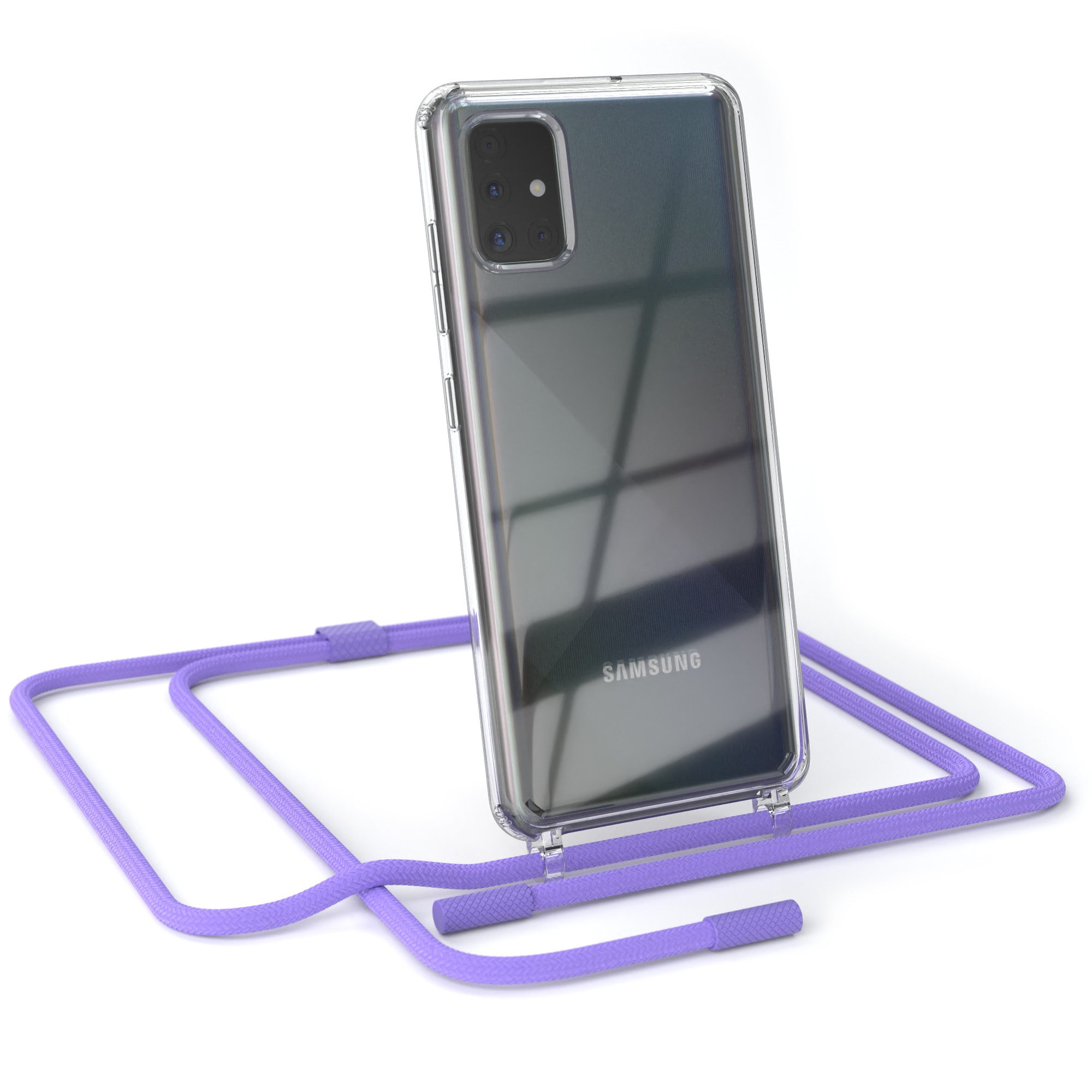EAZY CASE Handykette Silikon Kette Unifarbe für Samsung Galaxy A51 6,5 Zoll, Ketten Kordel Transparent Case abnehmbare Handyhülle Flieder Lila Gold