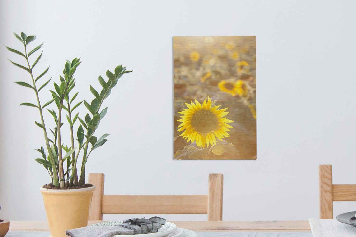 Leinwandbild OneMillionCanvasses® cm fertig Nahaufnahme Leinwandbild St), einer Sonnenblume (1 einem hellen bespannt Sonnenstrahl, Zackenaufhänger, 20x30 inkl. mit Gemälde,