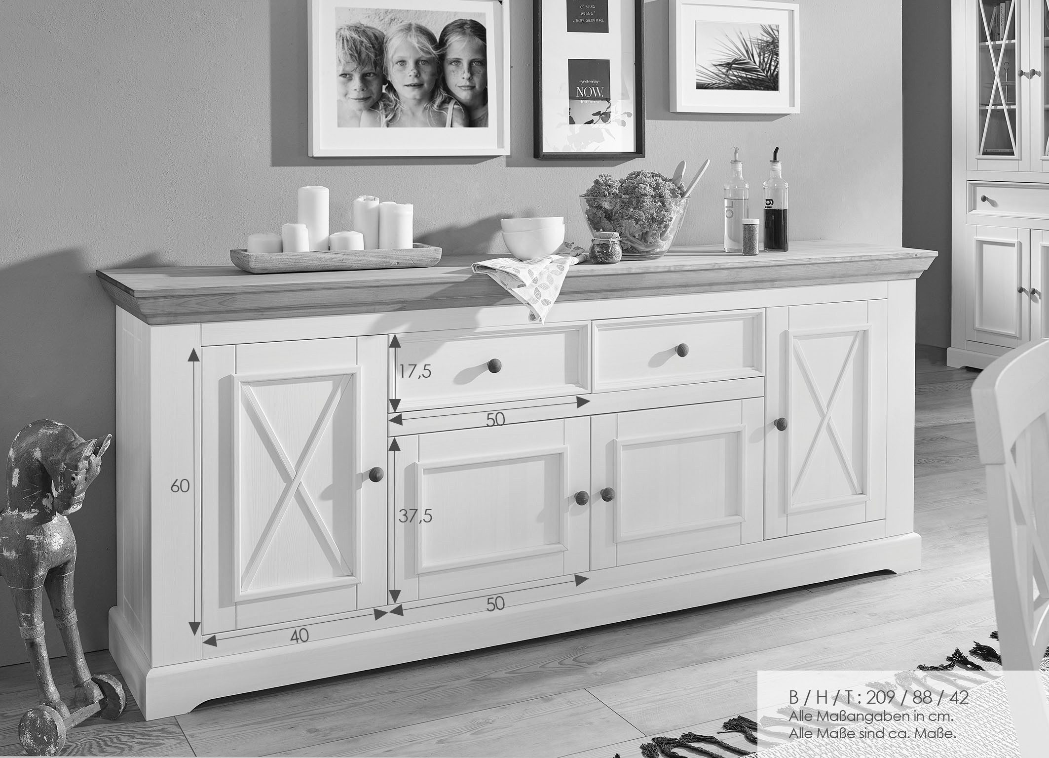 Woodroom Sideboard Oslo (Maße: 209 × 88 × 42 cm), massive Kiefer weiß gewachst – Bild 5 von 5