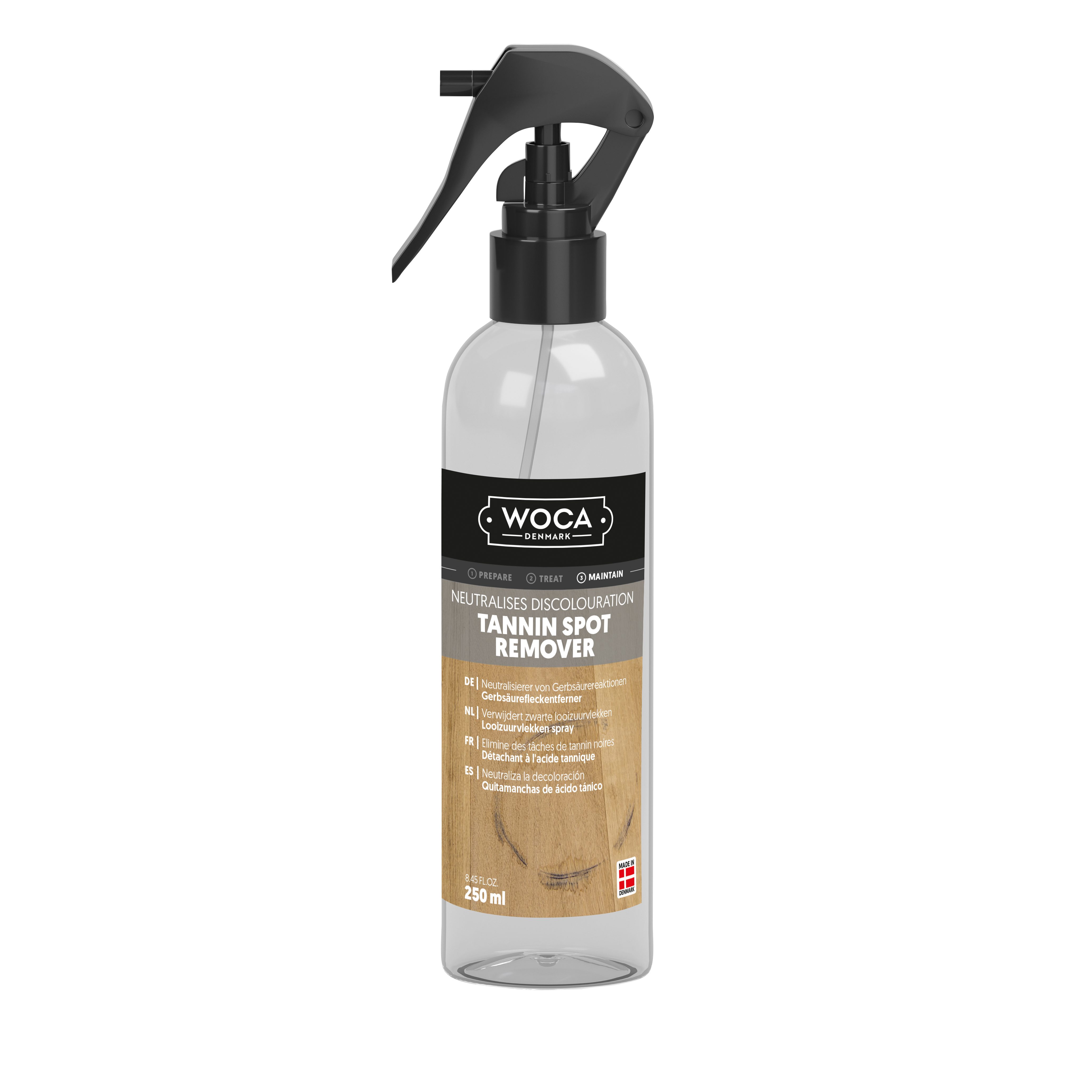 WOCA WOCA Gerbsäureflecken Spray Farblos 0,25L Fleckentferner (1-St. 1x 250ml Flasche 250ml, für Echtholz, Parkett, Holzmöbel)