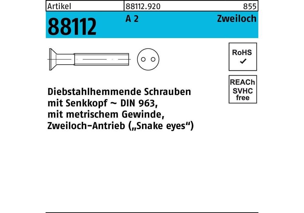 Senkschraube Schraube R 88112 diebstahlhemmend Seko/Zweiloch M 3 x 12 A 2