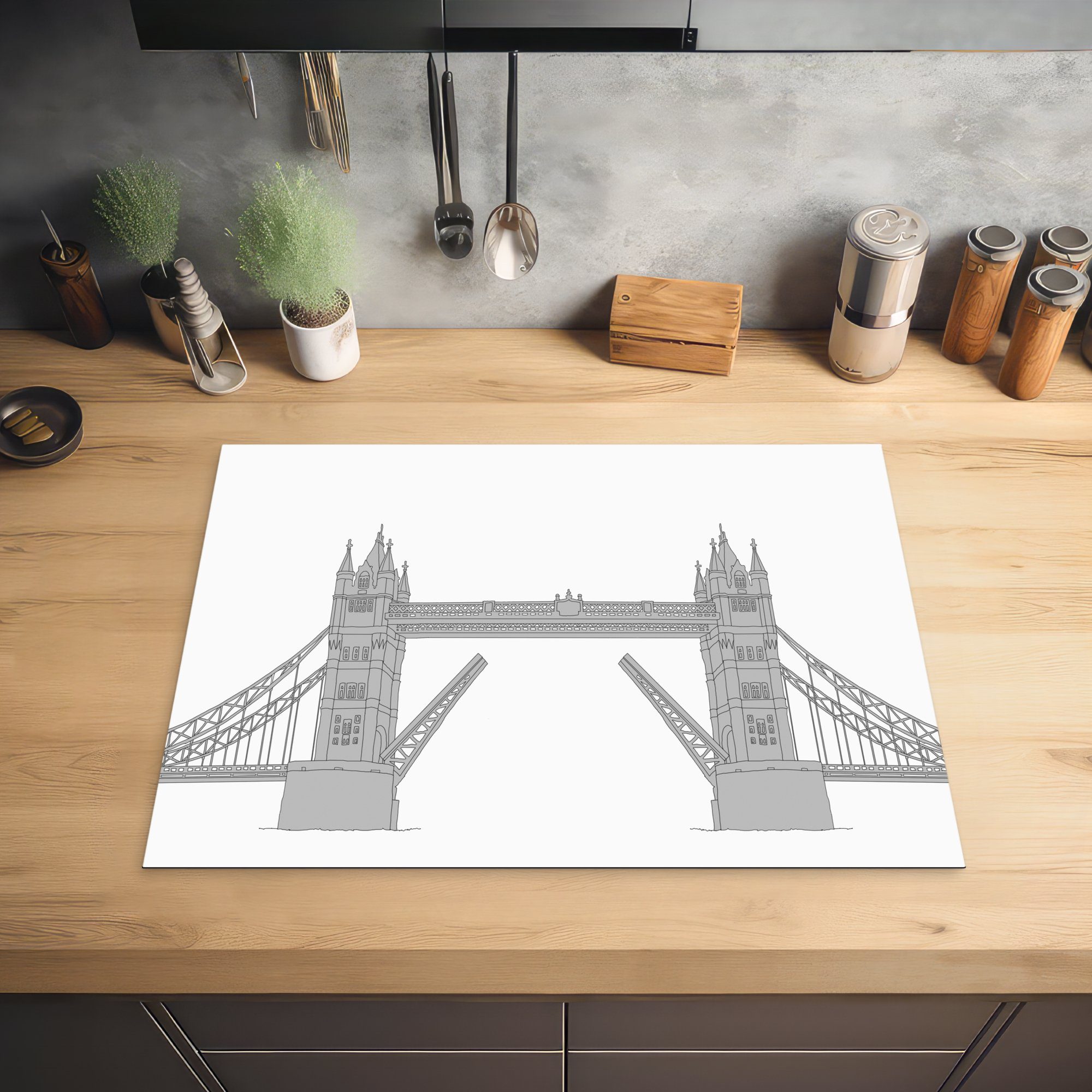 MuchoWow Herdblende-/Abdeckplatte der (1 Ceranfeldabdeckung London, cm, Mobile Graue 70x52 Illustration Vinyl, Tower Bridge in tlg), Arbeitsfläche nutzbar