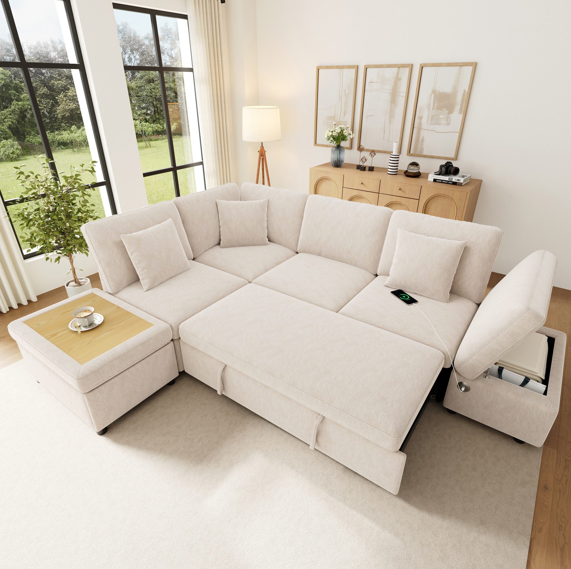 OKWISH Ecksofa L-Sofa mit Schlaffunktion, USB & Stauraumhockern, 1 Teile, Chenille, ausziehbar, 6-Sitzer, 3 Kissen