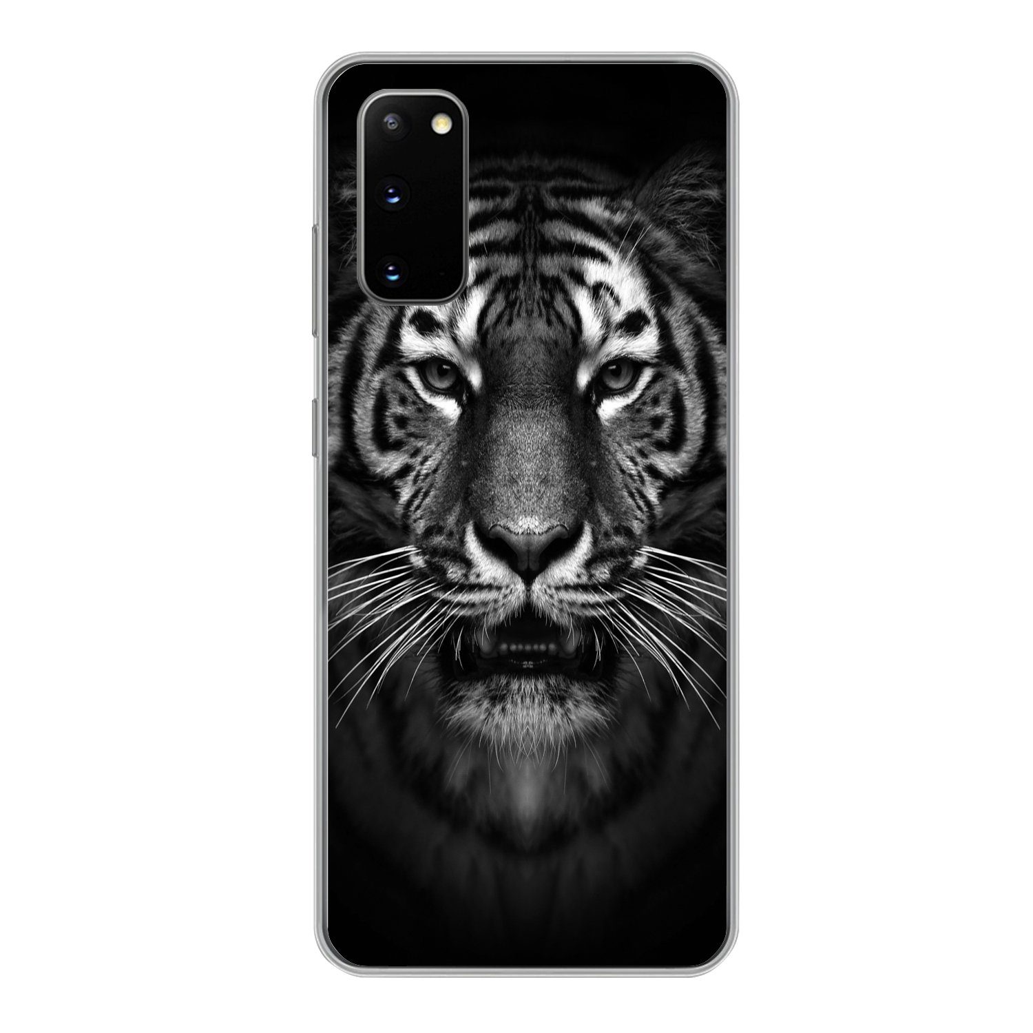 MuchoWow Handyhülle für Samsung Galaxy S20 Tiger - Tiere - Schwarz - Weiß - Porträt - Wild, Phone Case, Silikon, Schutzhülle Dünn