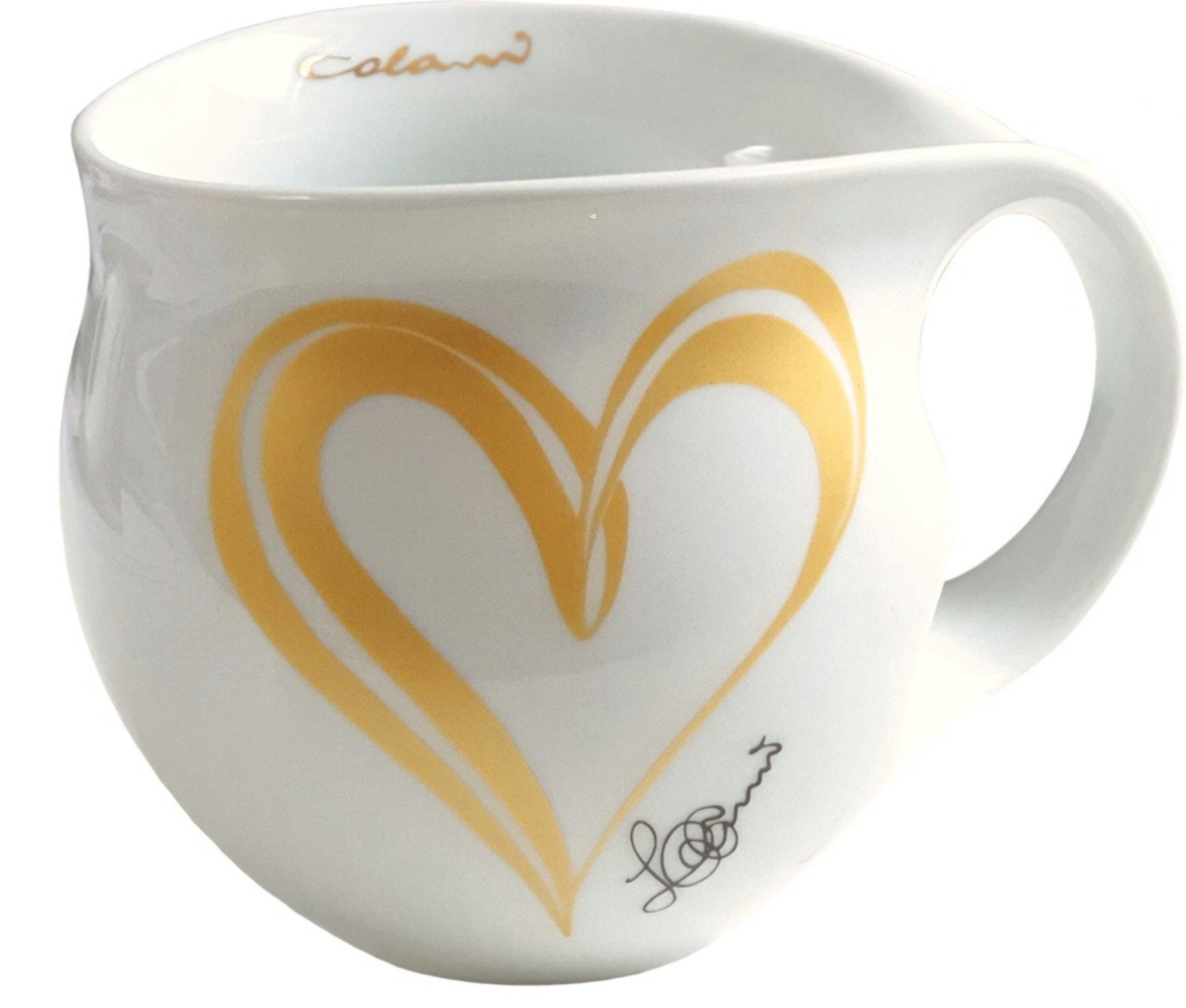 Colani Tasse Jumbotasse Kaffeeasse XXL Tasse Herz Gold 550ml, Porzellan, Spülmaschinenfest, Signatur außen, Schriftzug innen, Geschenkkarton