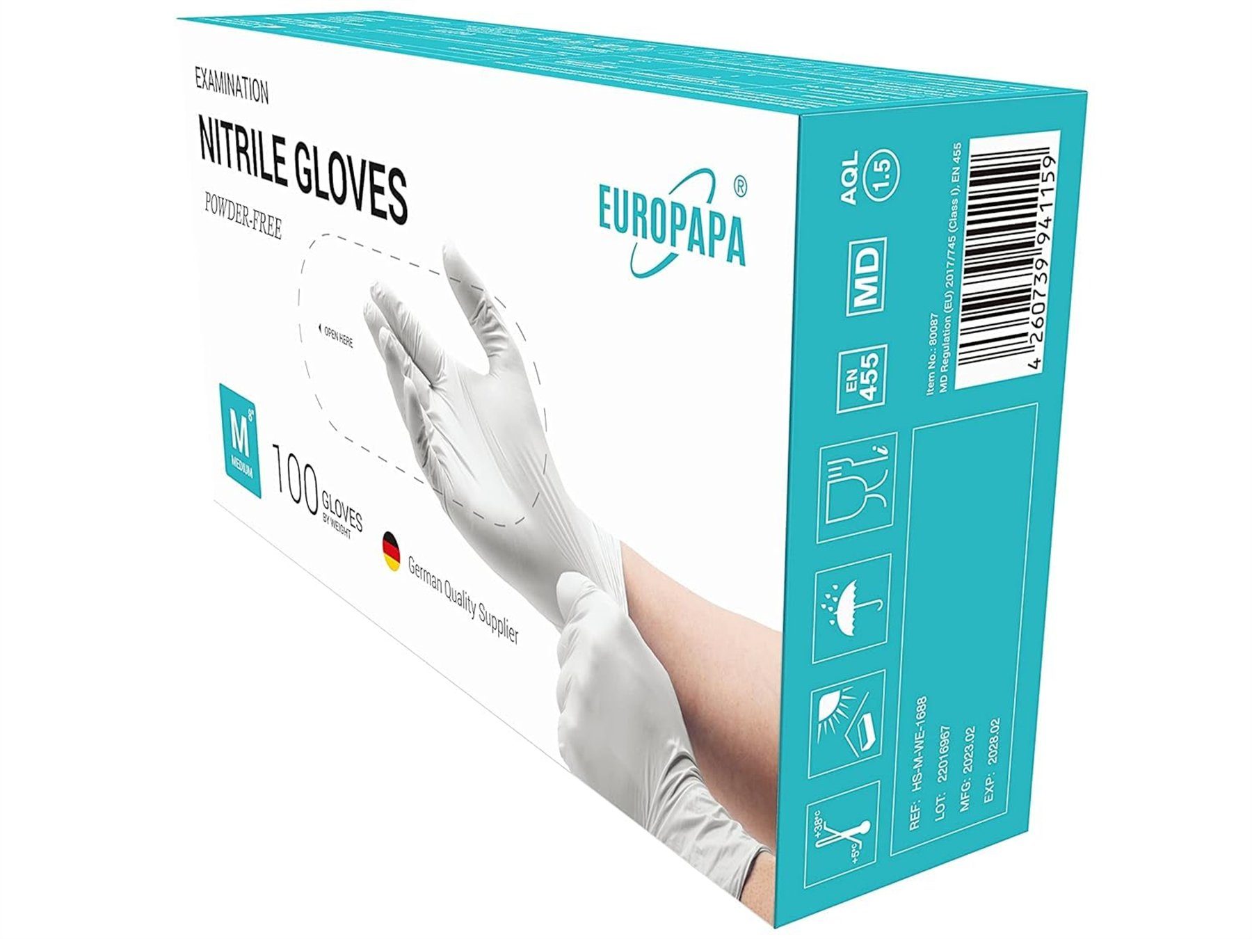 EUROPAPA Nitril-Handschuhe Medical Einmalhandschuhe Untersuchungshandschuhe (200, puderfrei ohne Latex, Gummihandschuhe, EN455 EN374) unsteril latexfrei disposible gloves