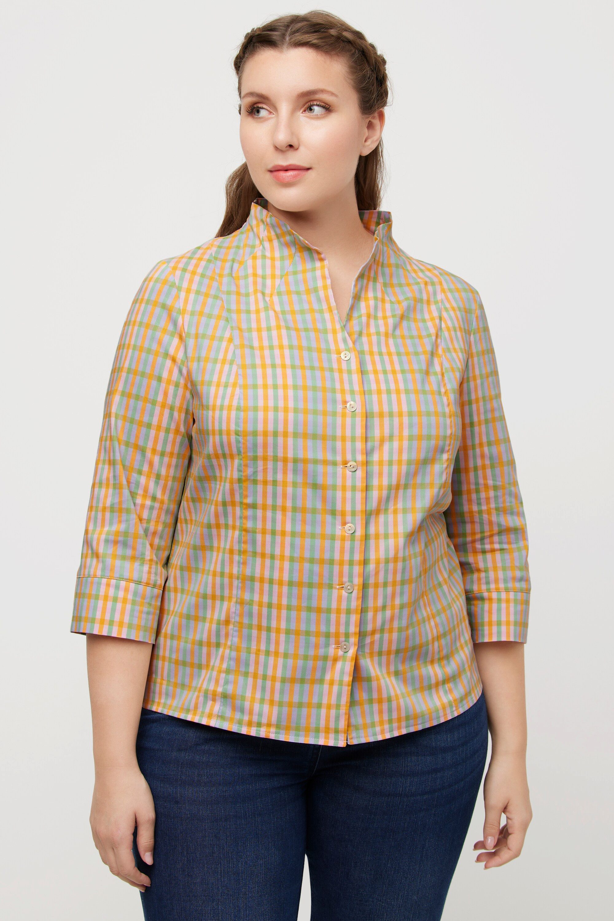 Ulla Popken Longbluse Bluse Karo Slim Kelchkragen V-Ausschnitt 3/4-Arm