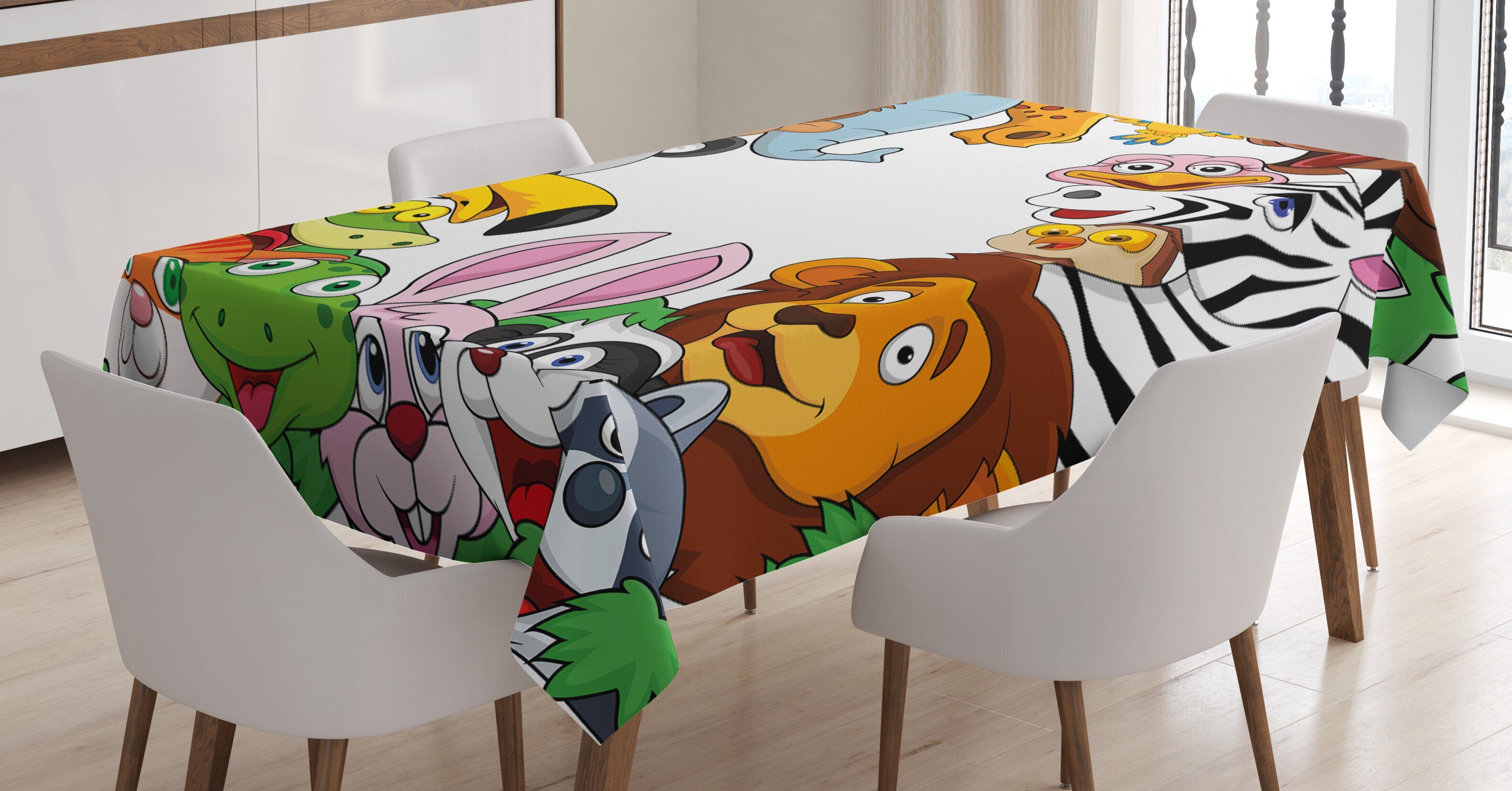 Abakuhaus Tischdecke Farbfest Waschbar Für den Außen Bereich geeignet Klare Farben, Kindergarten Tropischen Dschungel Tiere