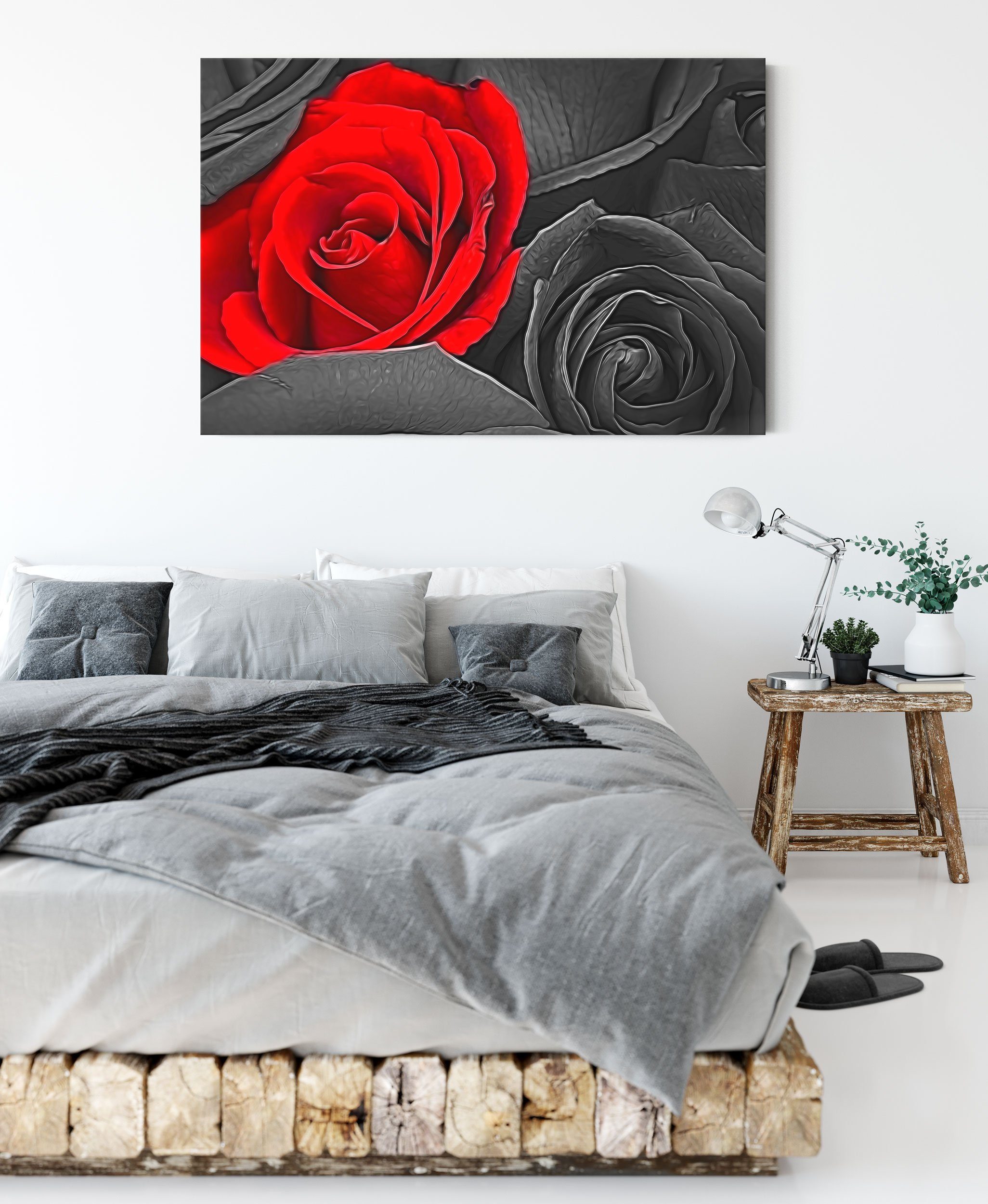 Pixxprint St), rote romantische fertig romantische (1 Rosen, Zackenaufhänger rote bespannt, inkl. Leinwandbild Rosen Leinwandbild