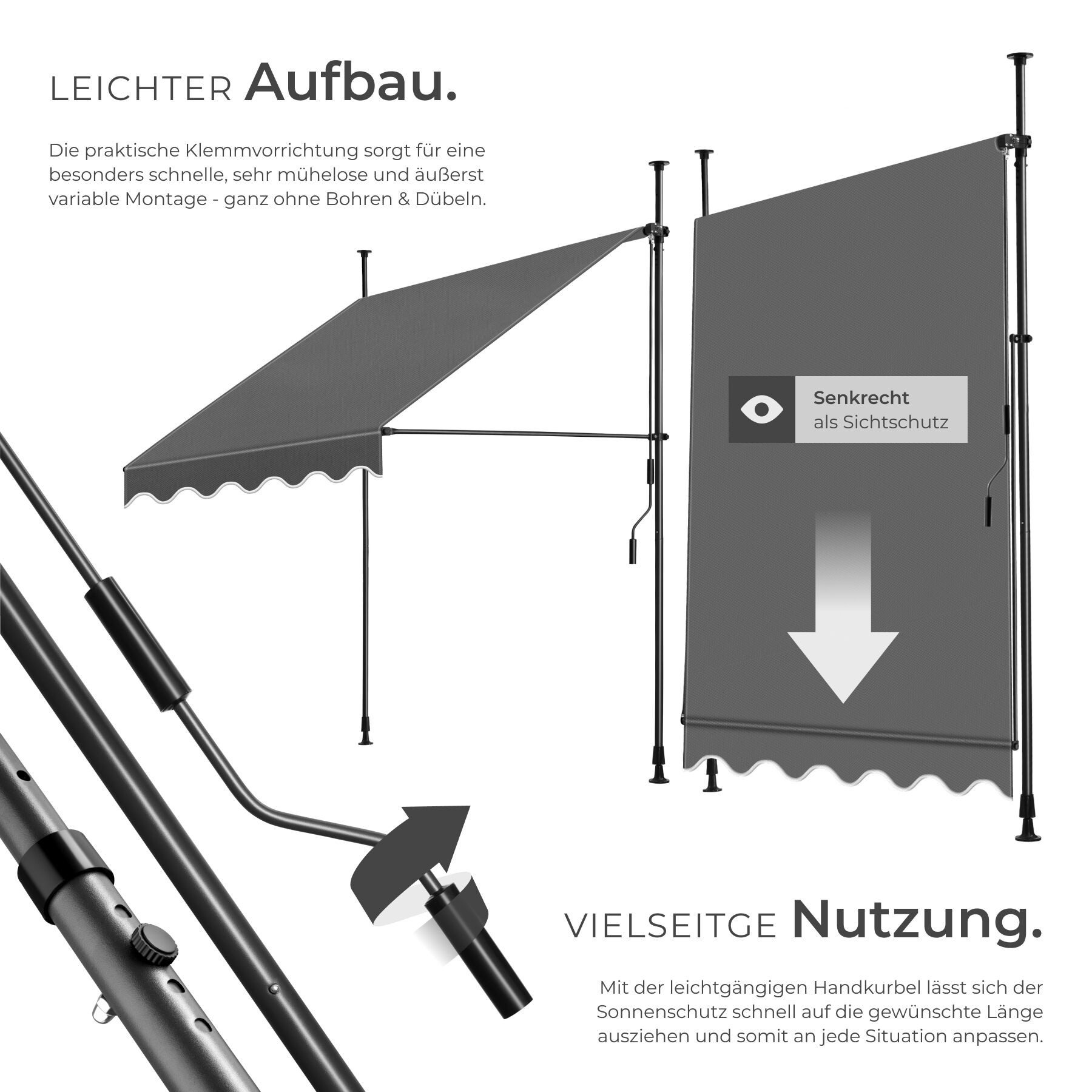tectake Klemm-Senkrechtmarkise Klemmmarkise - Balkonmarkise mit Handkurbel, UV-beständig (Sichtschutz/Sonnenschutz für Terrasse und Garten, in schwarz/grau) 180 x 150 x 304 cm, höhenverstellbar 211 - 304 cm, wasserabweisend