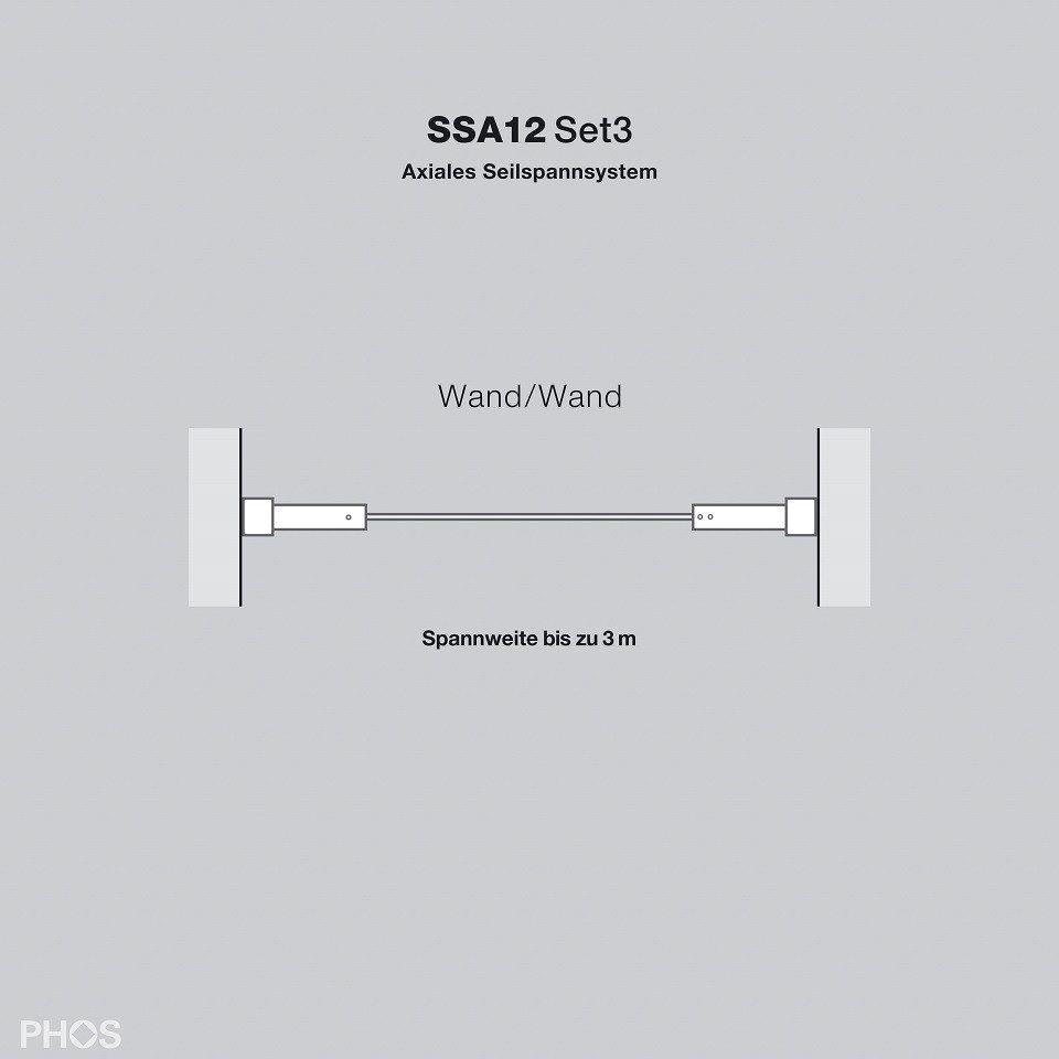 PHOS Design Seilspanngarnitur : Axiales Seilspannsystem aus Edelstahl bis zu 3m für, Gardinen und Vorhänge, (Modell:, SSA12Set3), mit Wand zu Wand Montage - 100% Made in Germany