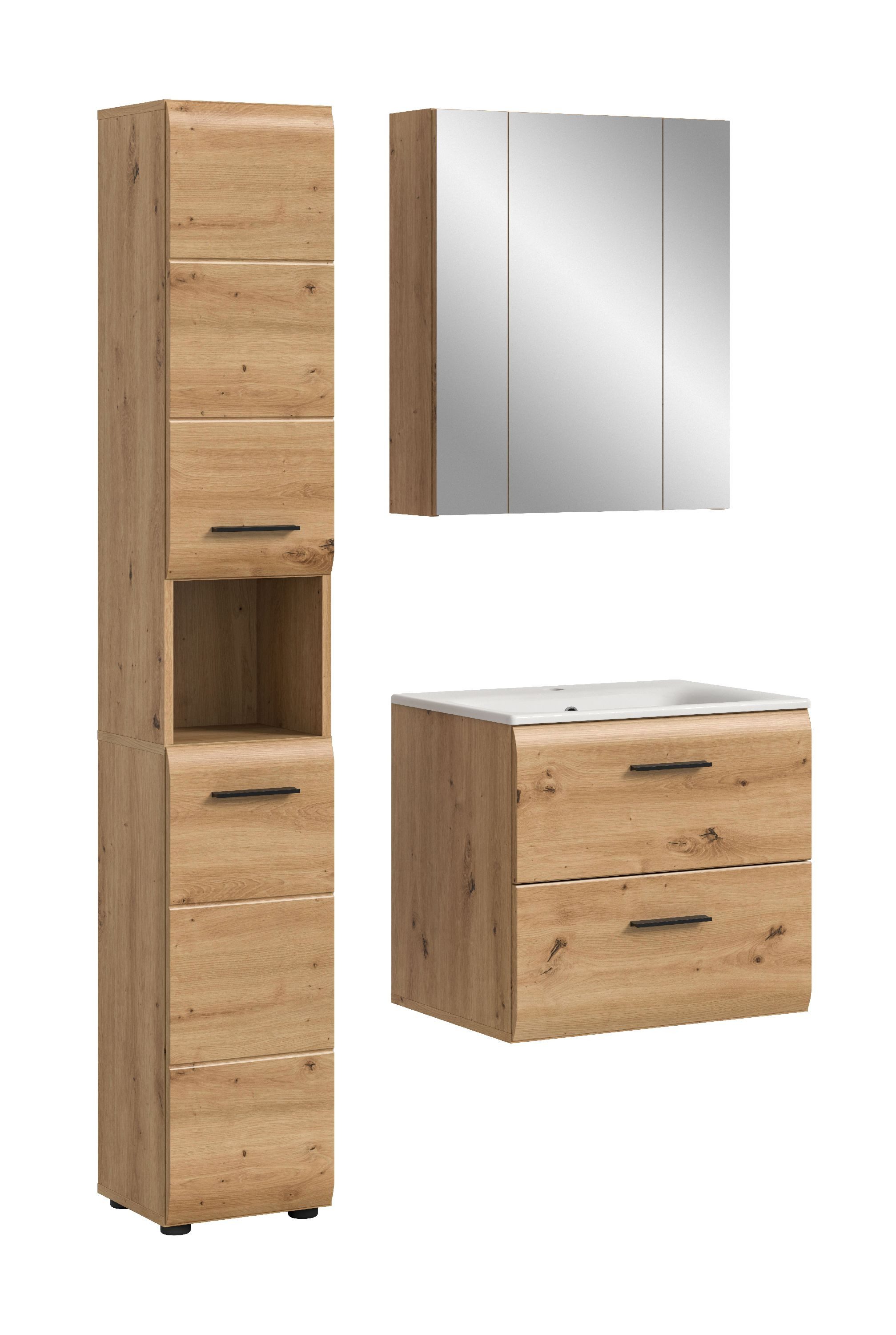 xonox.home Badmöbel-Set, (3tlg. Set inkl. Hoch-, Spiegelschrank, Waschtisch Inkl. Waschbecken), Artisan Oak Nachbildung Melamin beschichtet modern 105x185x46 cm