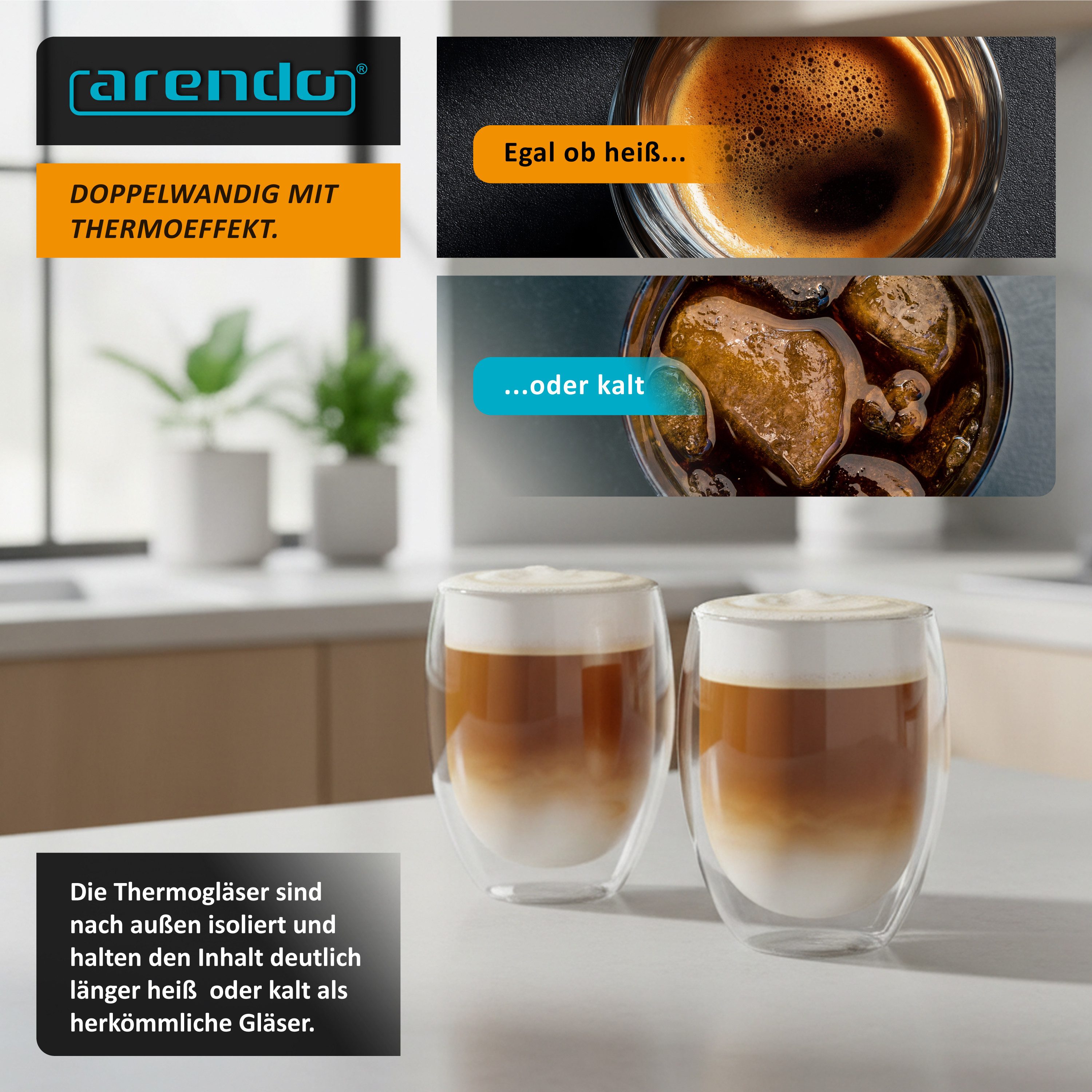 Arendo Gläser-Set doppelwandige Thermogläser, 350 ml Kaffeetasse, Trinkglas ohne Henkel, 2-tlg., Glas, für Latte Macchiato, Cappuccino, Tee, hitzebeständig spül – Bild 5 von 5