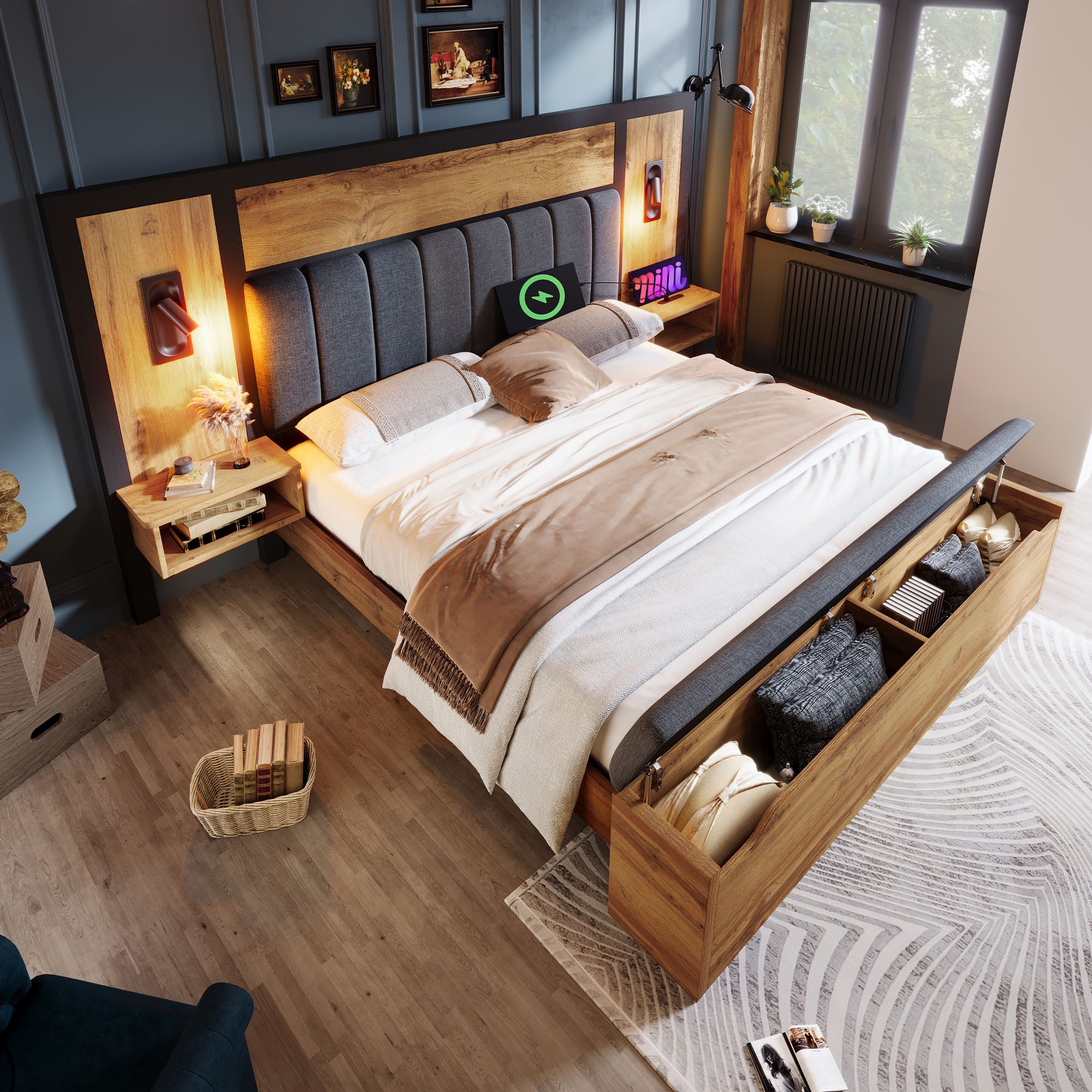 Polsterbett Doppelbett Bettgestell, mit Leselampe und USB C, Landhausstil