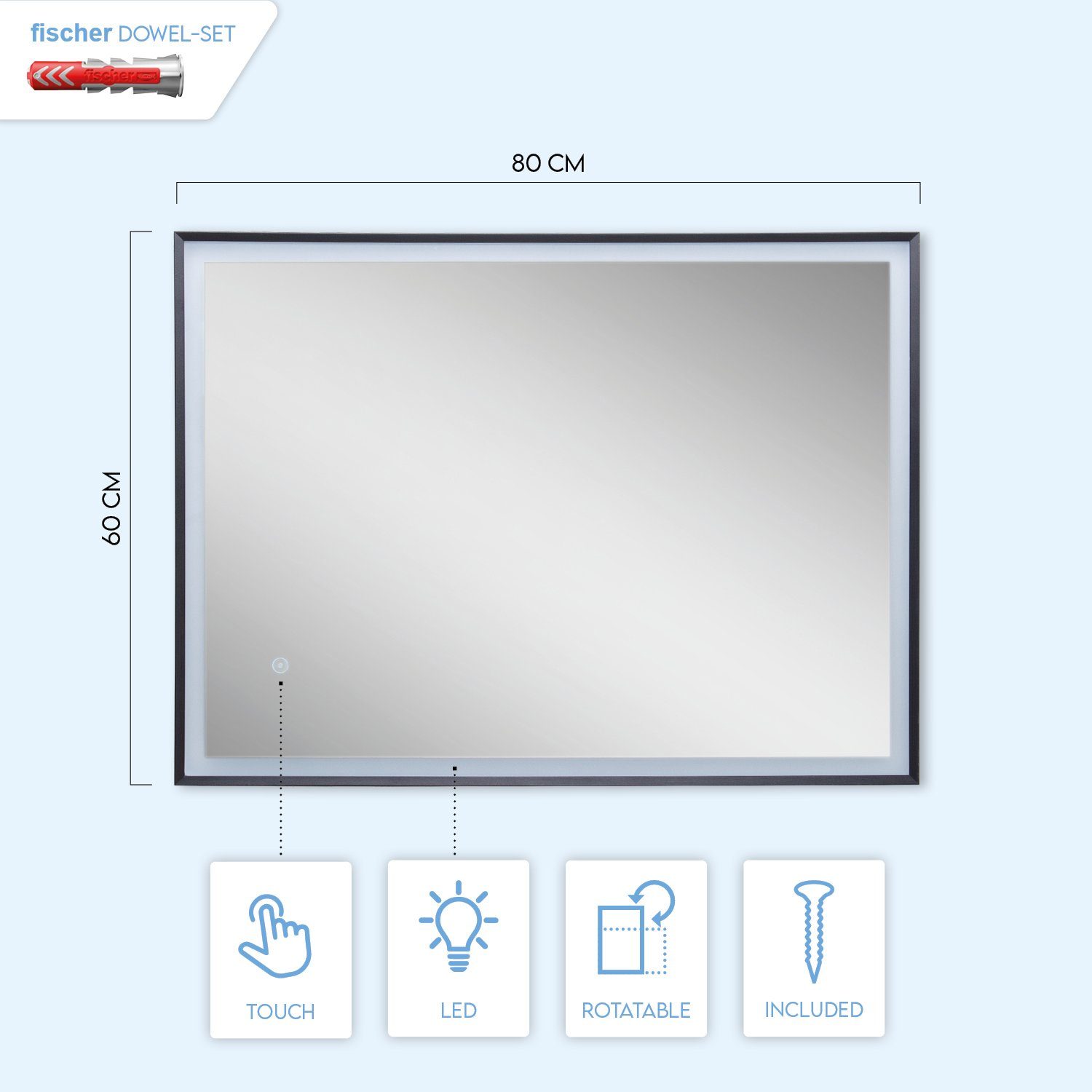 Paco Home TRACY, Touch- Schwarz Rechteckig wechselbar, Neutralweiß, Beleuchteter Backlight LED Spiegel Wandleuchte LED