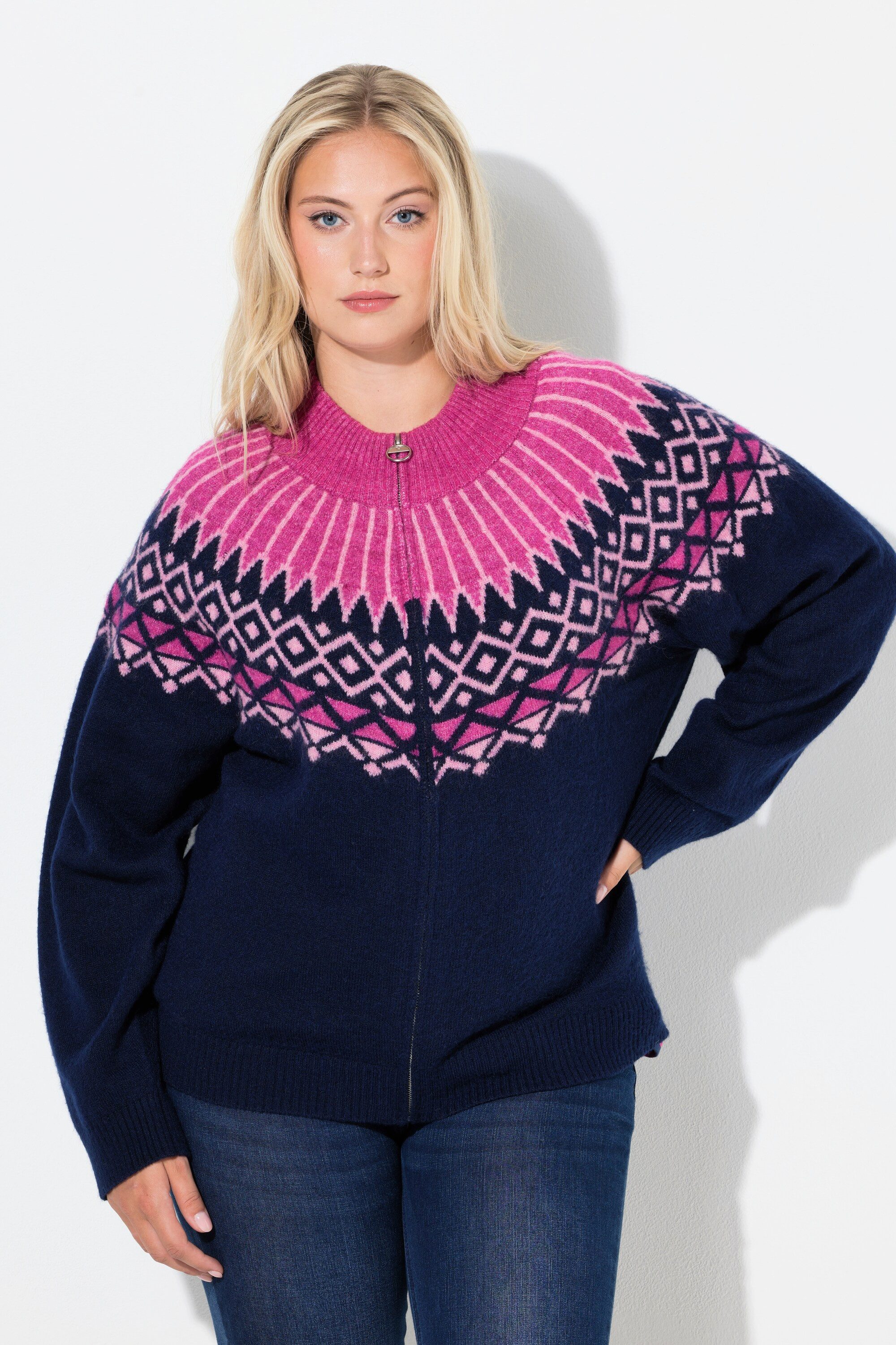 Ulla Popken Strickjacke Norweger-Strickjacke Stehkragen Reißverschluss günstig online kaufen