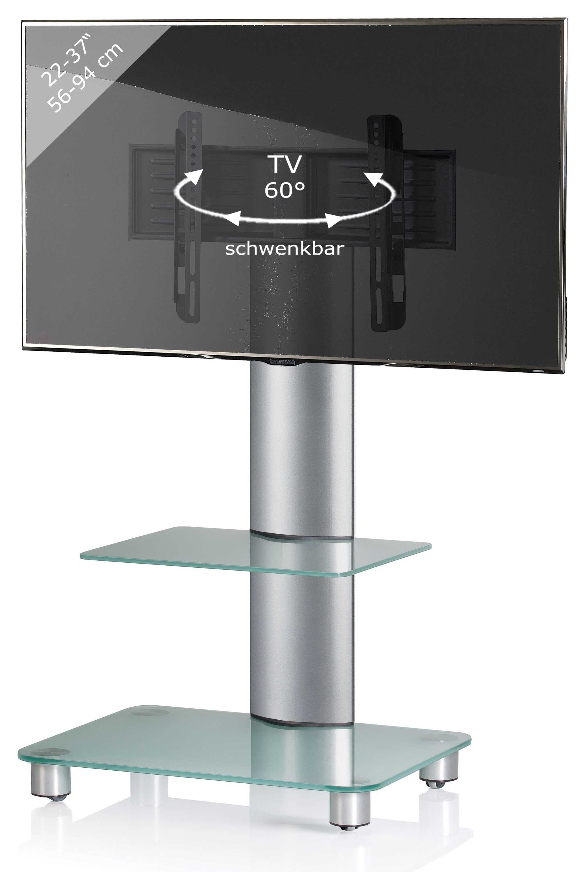 VCM TV-Ständer TV Standfuß Ständer Rack Alu Glas Rollen Blino ZW