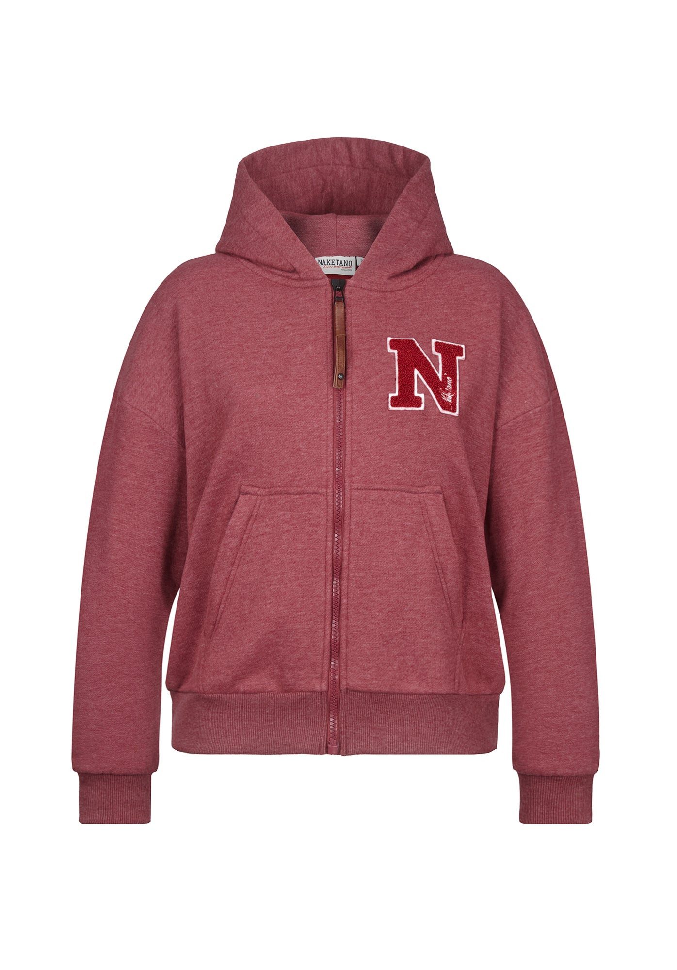 naketano Sweatjacke Oversize Damen mit Kapuze, melierte Sweatware, Reißverschluss, weich kuschelig, Kunstleder-Logo, casual, Streetwear, weich, Langarm