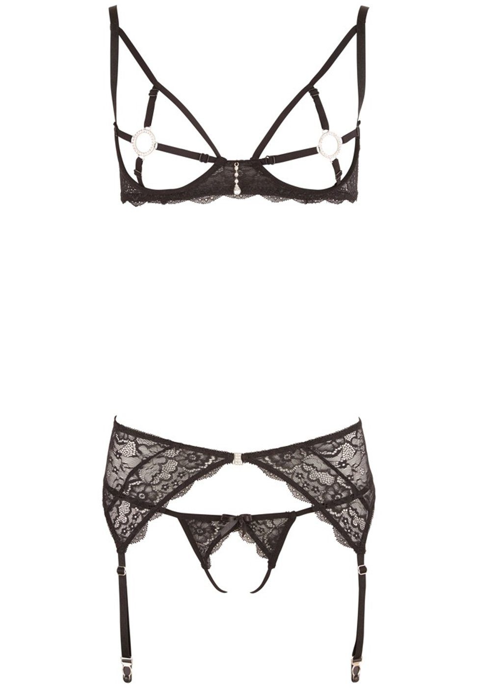 Abierta Fina Set: Bügel-BH Dessous-Set mit Nippelringen und Strumpfhalter - schwarz (3-tlg) mit Spitze, ouvert