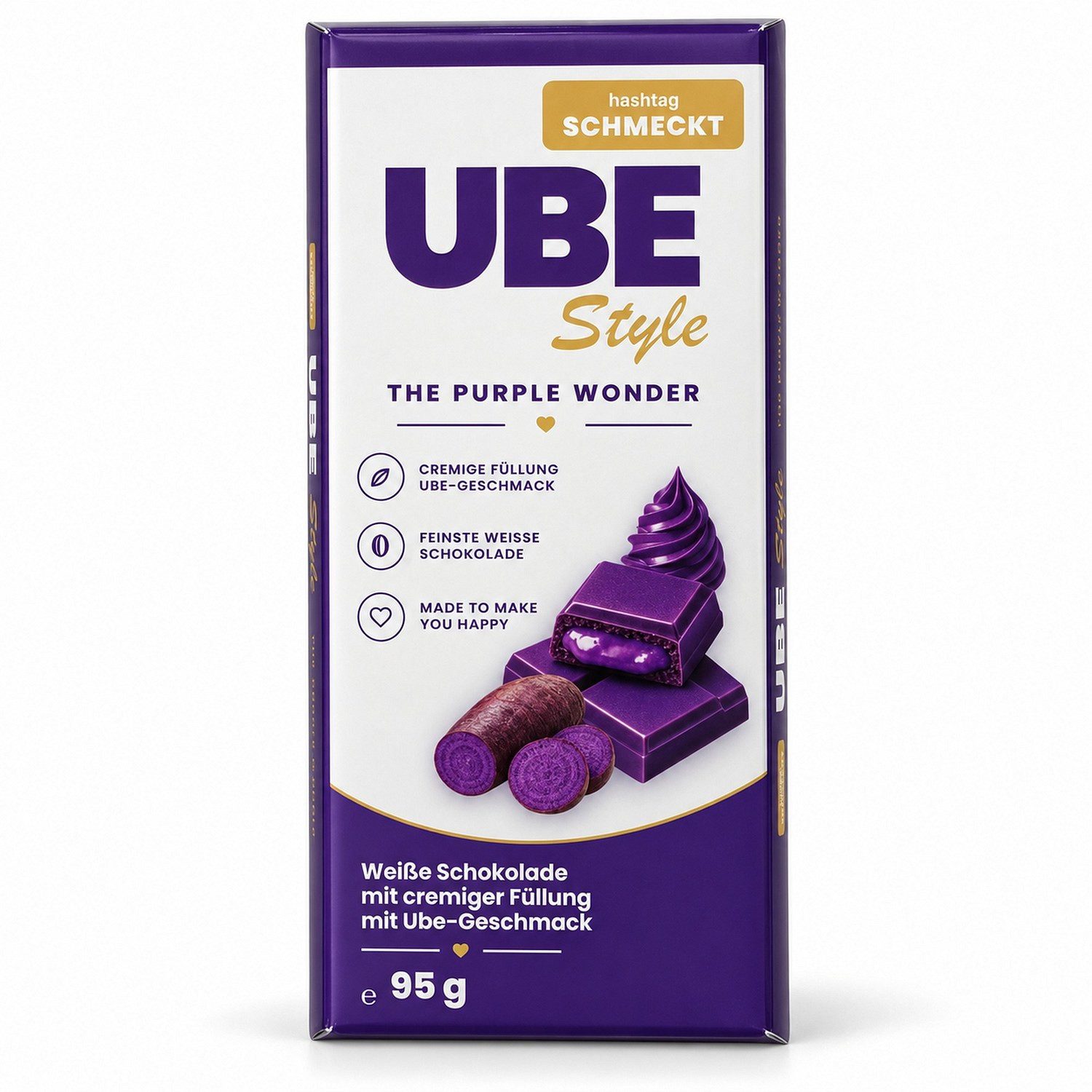 Schokolade, 1 x 95 g, UBE Style Weiße Schokolade mit cremiger Ube-Füllung – The Purple