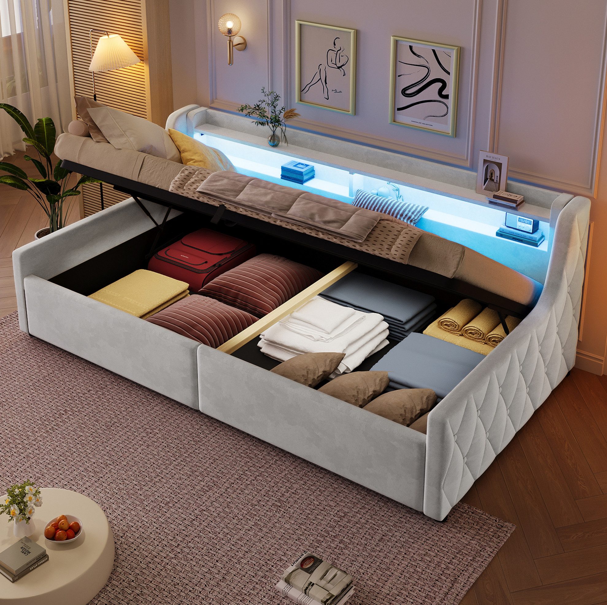 REDOM Schlafsofa Modernes Einzelbett, aus Flanell und MDF mit LED-Beleuchtung und großem Bettkasten