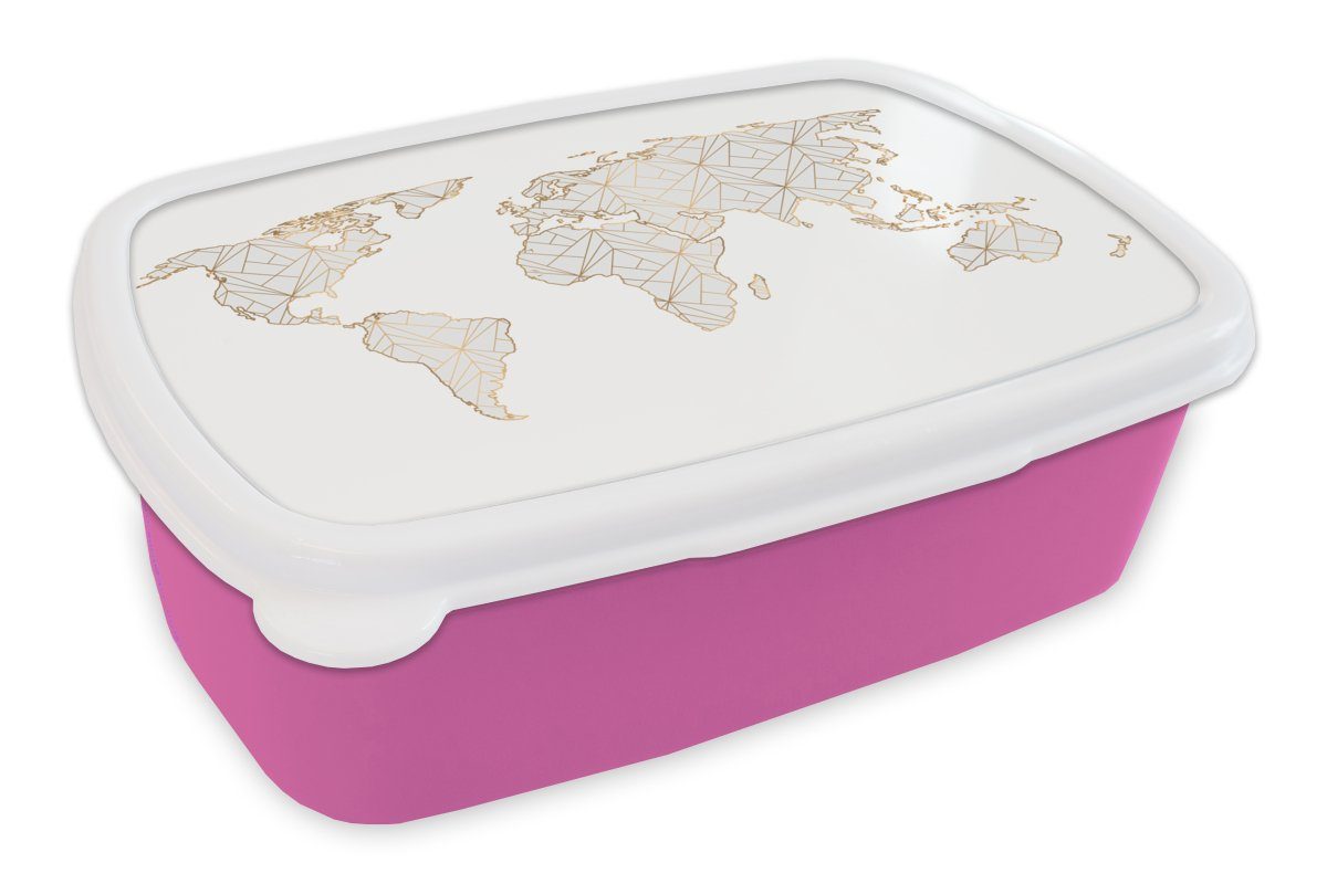 MuchoWow Lunchbox Weltkarte - Gold - Grau - Kinder - Jungen - Mädchen, Kunststoff, (2-tlg), Brotbox für Erwachsene, Brotdose Kinder, Snackbox, Mädchen, Kunststoff rosa