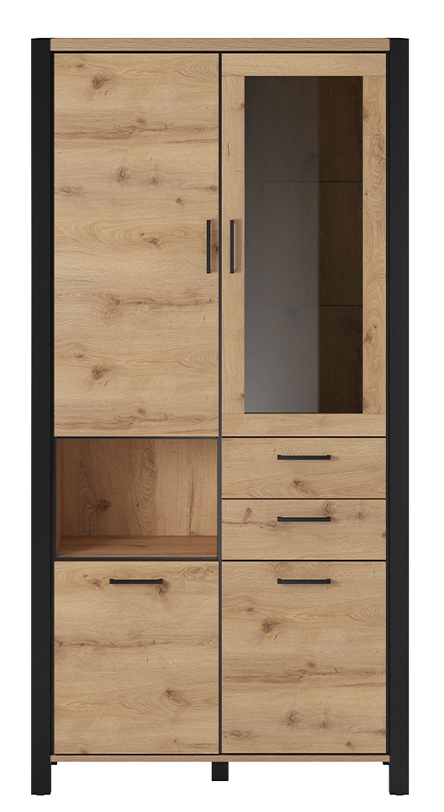 Helvetia Vitrine Aktiv (3 Holztüren, 1 Glastür, 2 Schubladen, 1 Fach, 1-St., Moderne Holzoptik, Metallgriffe, Vollauszug) 100x40,5x200cm taurus/schwarz matt