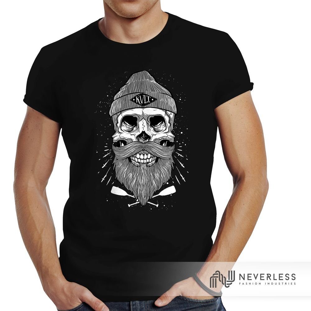 Herren Neverless® Slim Totenkopf schwarz T-Shirt Neverless Skull Fit Beard Captain Bart Print-Shirt Kapitän Print mit