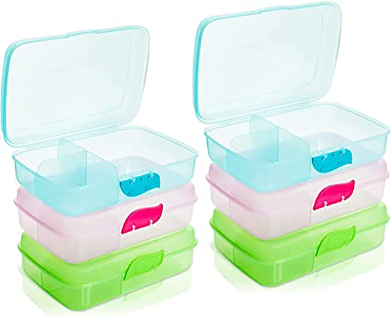 Centi Lunchbox Brotdose mit Fächern, Brotdosen, Lunchbox, Bento Box, Brotzeitbox, Kunststoff, (Spar Set, 6-tlg., 7x21x16 cm), mit Klickverschluss Ideal für Schule, Uni, Camping, Reisen, Ausflüge