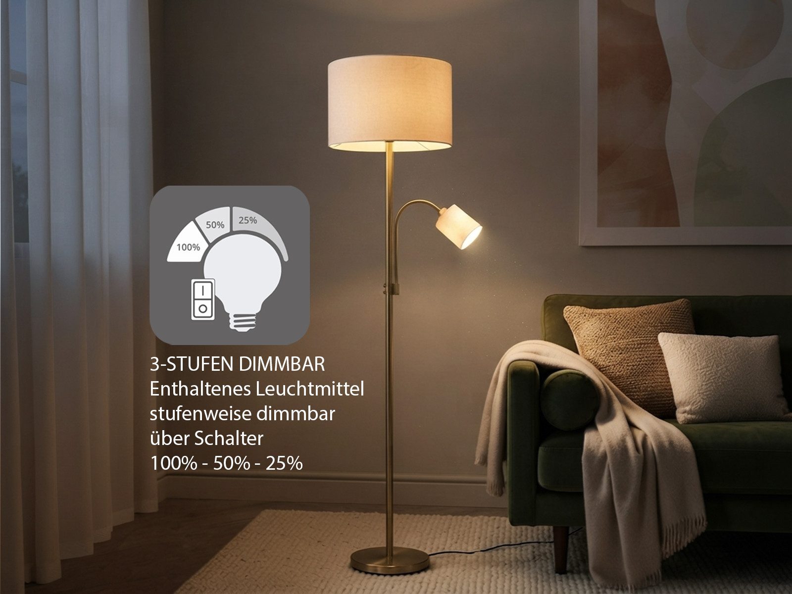 TRIO Leuchten LED Stehlampe mit Leselampe & Stoffschirm Höhe 170cm, dimmbar, LED wechselbar, Warmweiß, Designklassiker Steh-Leuchte groß für Lese-Ecke stehend – Bild 3 von 5