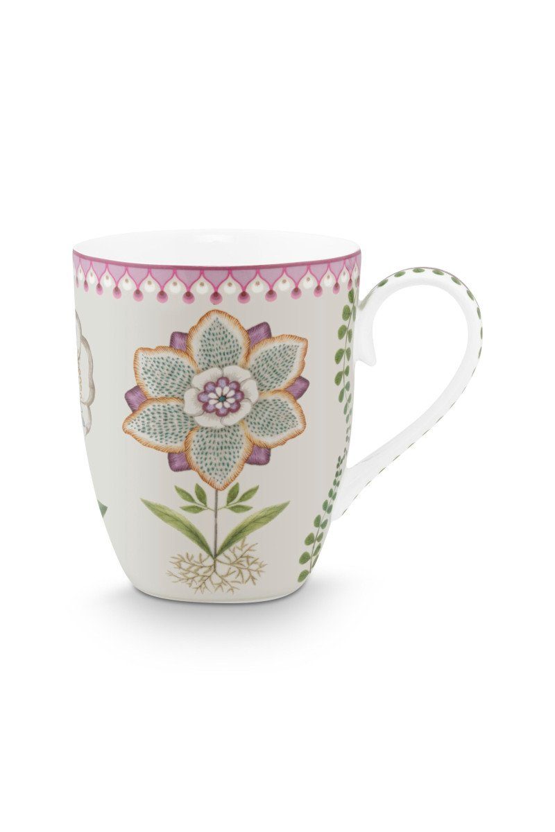 PiP Studio Becher Lily&Lotus Henkelbecher weiss/Lila 350ml, Porzellan, Mug Large Lily&Lotus Off White 350ml
