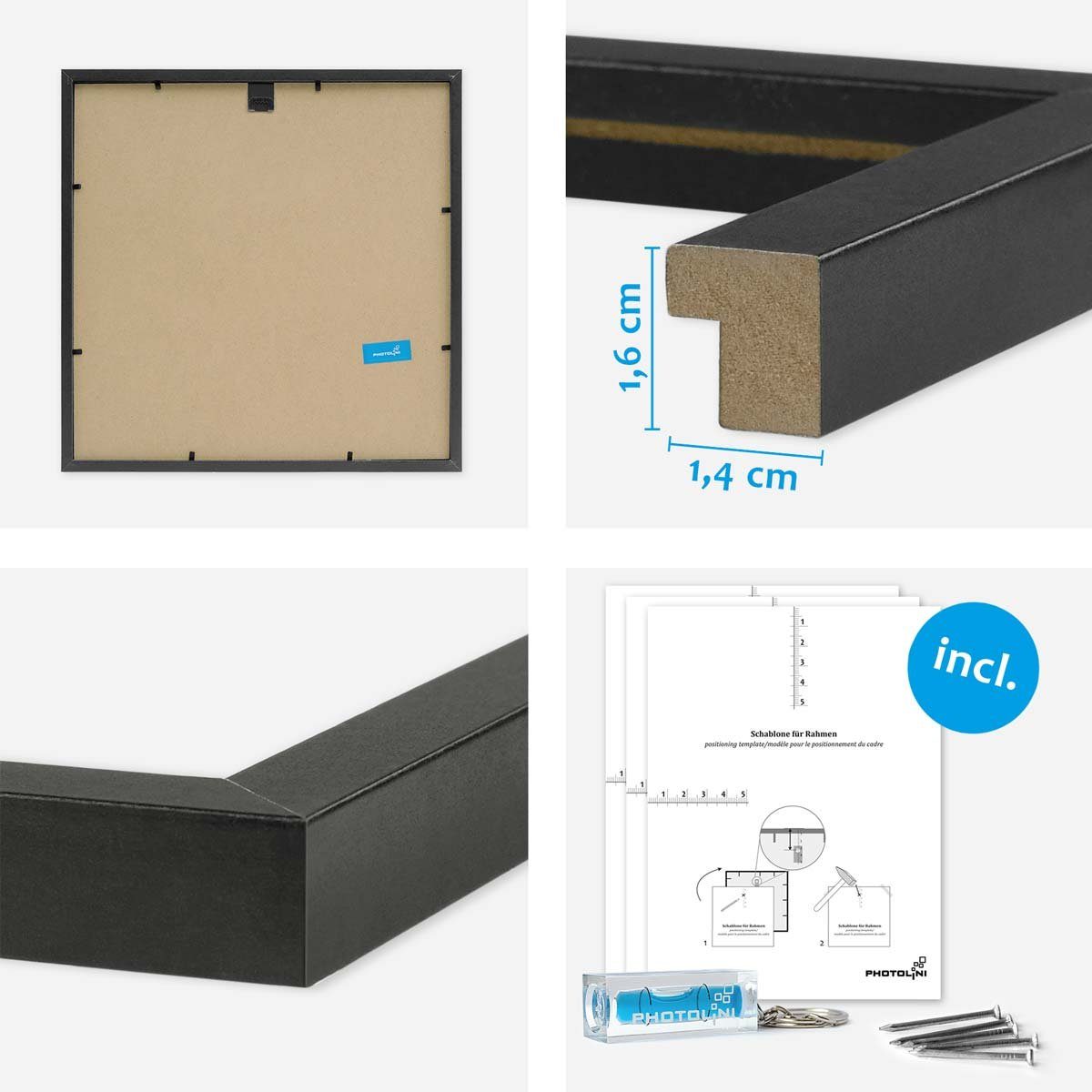 PHOTOLINI Bilderrahmen Sets quadratisch 30x30 cm aus MDF Holz mit Acrylglas & Zubehör, für 4 Bilder (4er Set), 4er Set Schwarz mit Passepartouts für Bilder in 2 – Bild 3 von 5