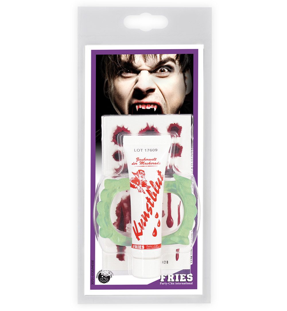 Fries Vampir-Kostüm 3-tlg Kunstblut Dracula Zähne Leuchtend Blut Tattoos Karneval Fasching, 3-tlg Vampir Set Nachtleuchtend