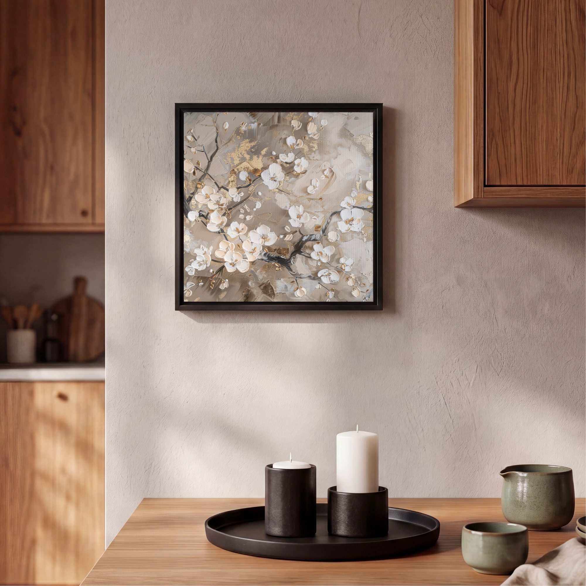 OneMillionCanvasses® Leinwandbild mit Rahmen - Blumen - Weiß - Gold - Beige - Luxus, Fotodruck (1 St), Leinwand Bilder Klein, Wand Dekoration Aesthetic 20x20cm – Bild 2 von 5