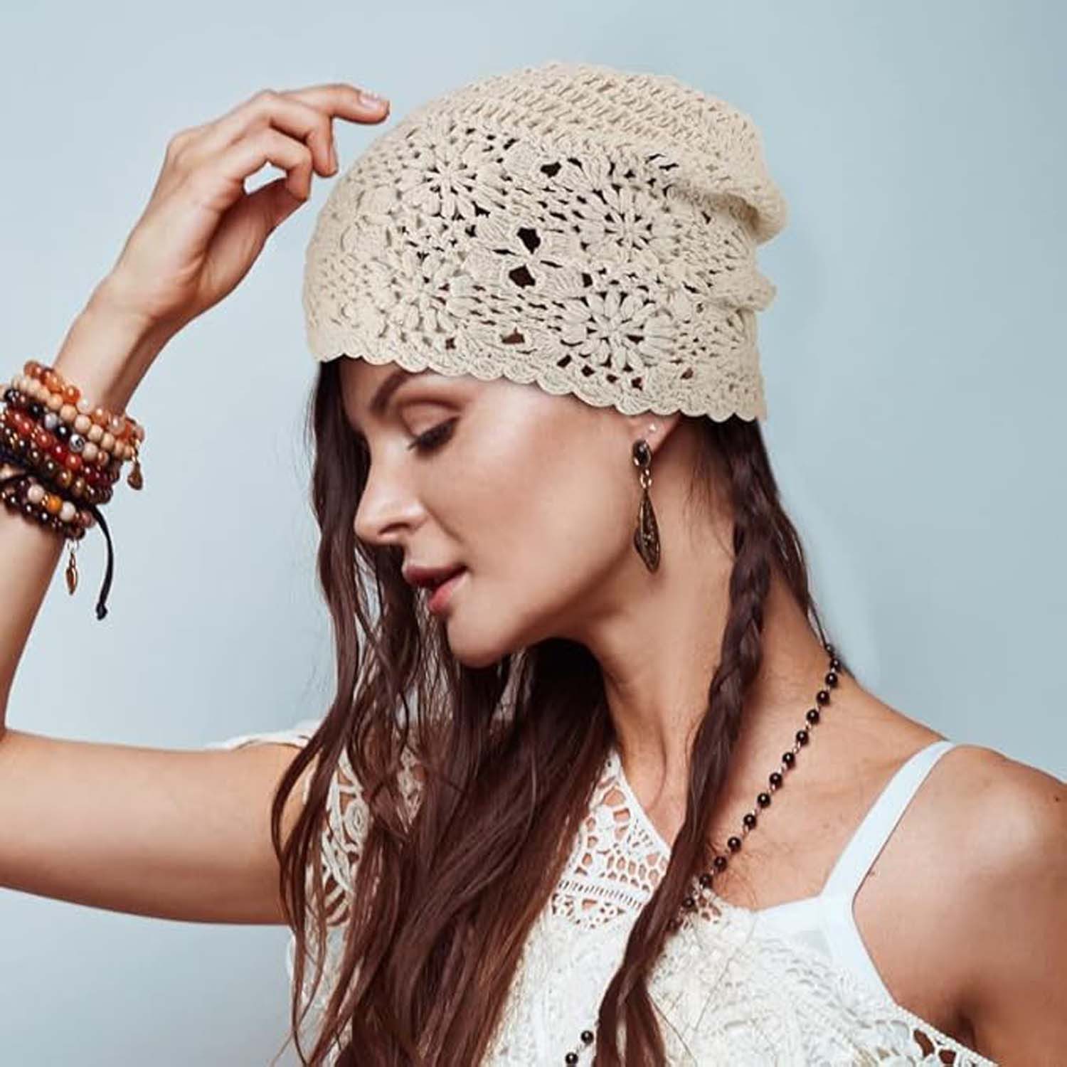 Oemmn Beanie Damen-Häkelmütze, lockere Strickmütze, Baumwolle, handgefertigt – Bild 4 von 5