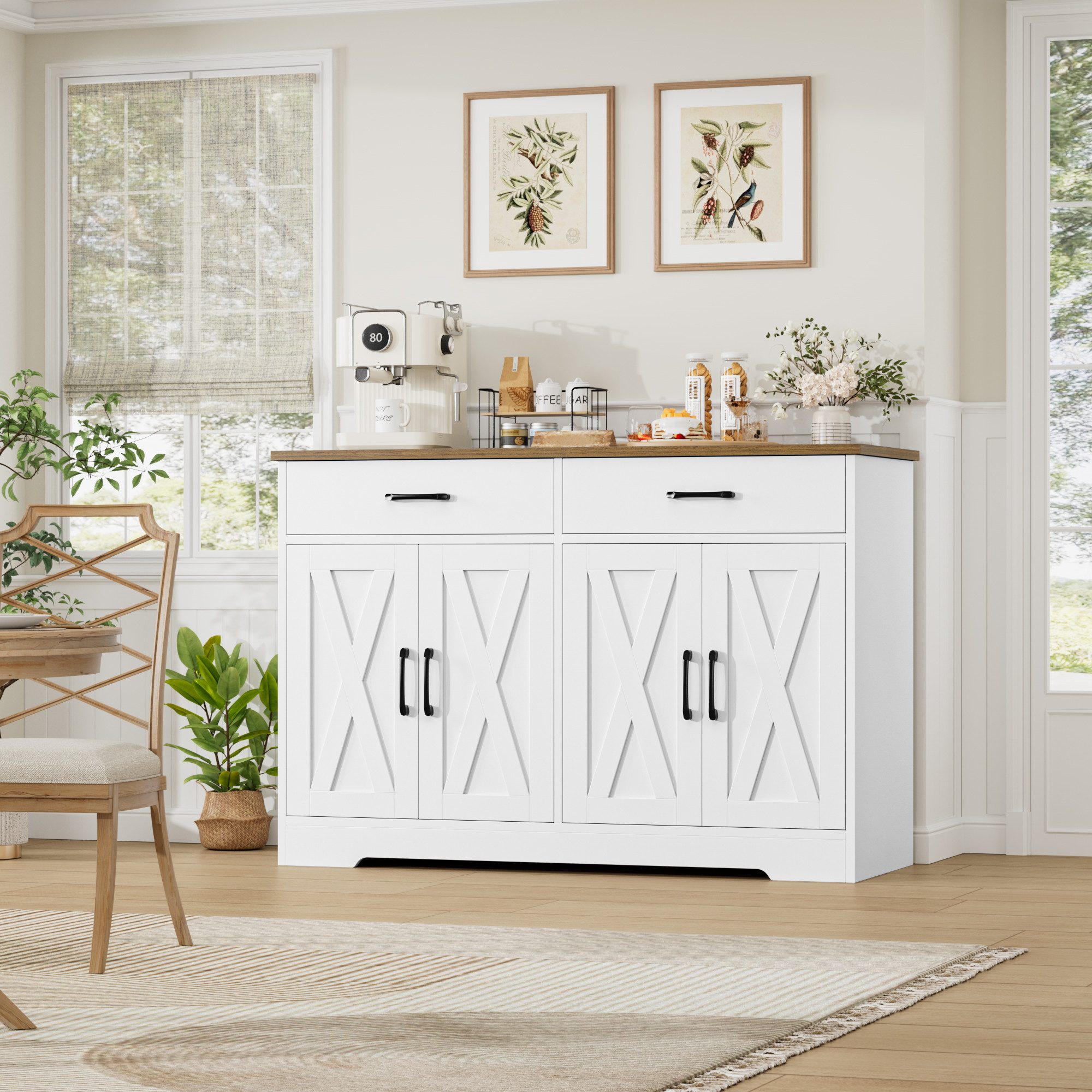 HOMECHO Buffet 120cm Breit Küchenschrank mit Arbeitsplatten, 2 Schubladen, 4 Türen