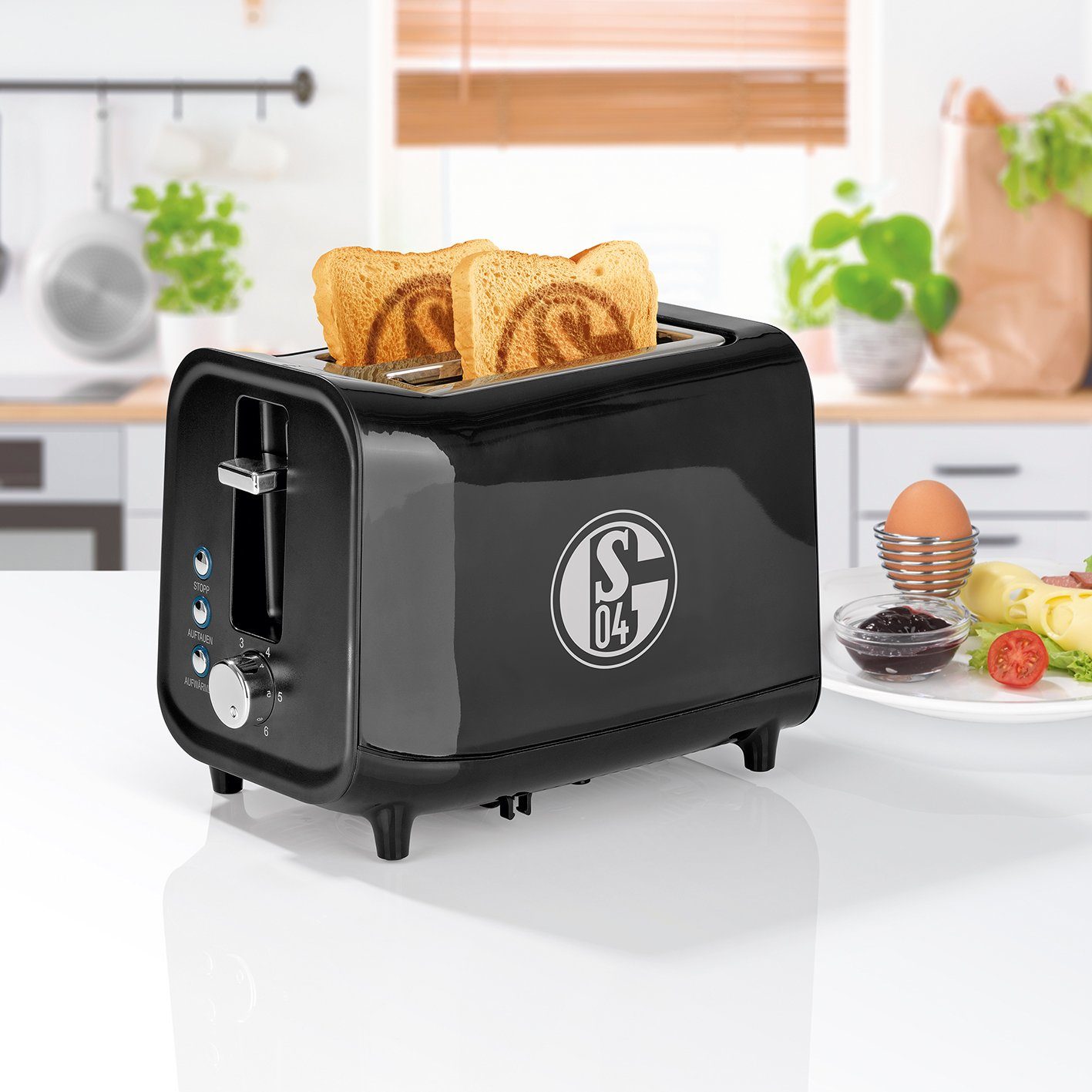 Schalke 04 Toaster, für 2 Scheiben Toast, 800,00 W, mit Soundfunktion und Logo schwarz/silber