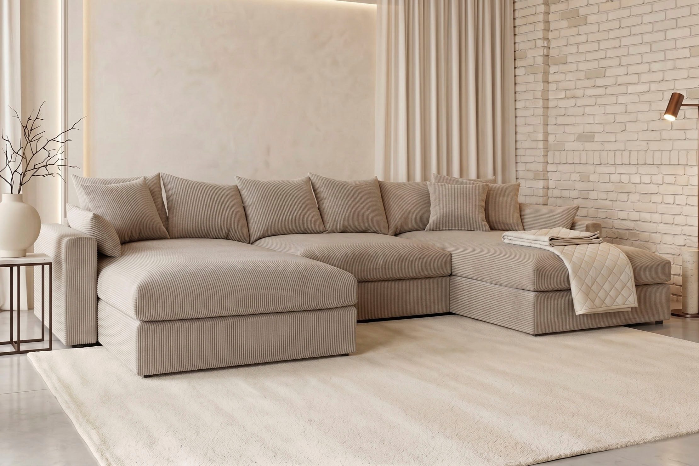 OTTO home Wohnlandschaft Cosy Lounge U-Form, Breite 385 cm, Mega-Sofa mit Cordstoff bezogen, mit Federkern & 5 Zierkissen