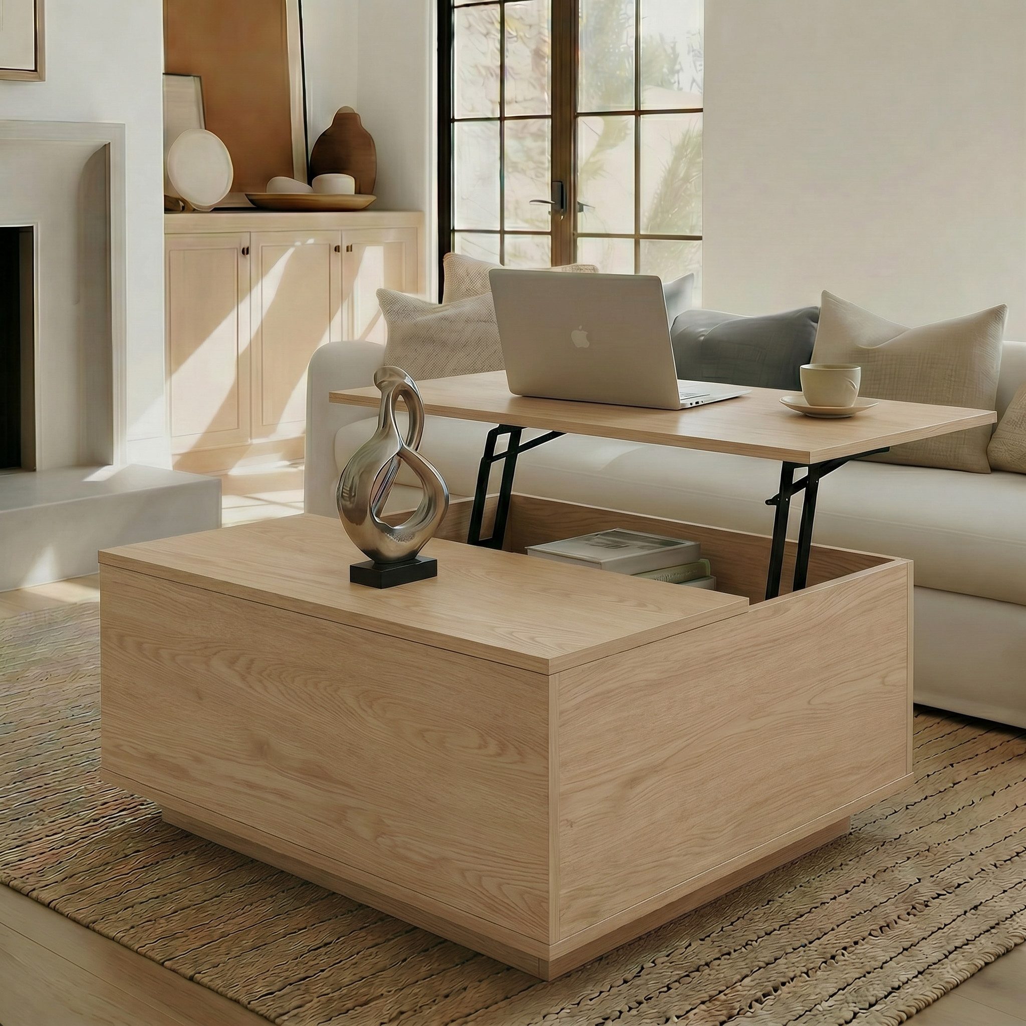 FABATO Couchtisch eckig höhenverstellbar mit verstecktem Staufach Landhaus-Design (1-St), für Wohnzimmer & Home Office